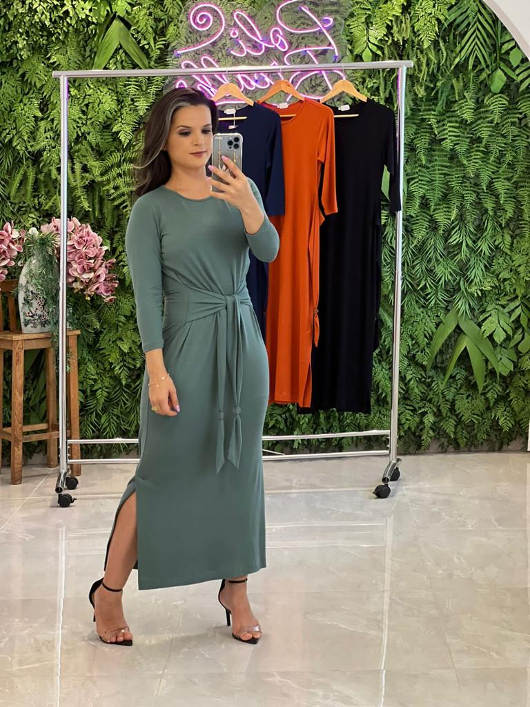 Vestido Midi Malha Amarração na Cintura - Verde