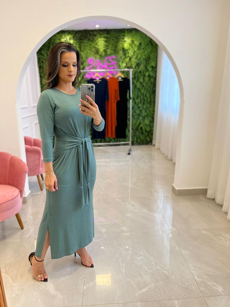 Vestido Midi Malha Amarração na Cintura - Verde