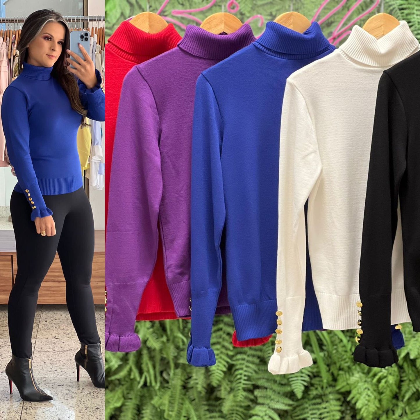 Blusa Tricot Manga Botões Dourados - Azul