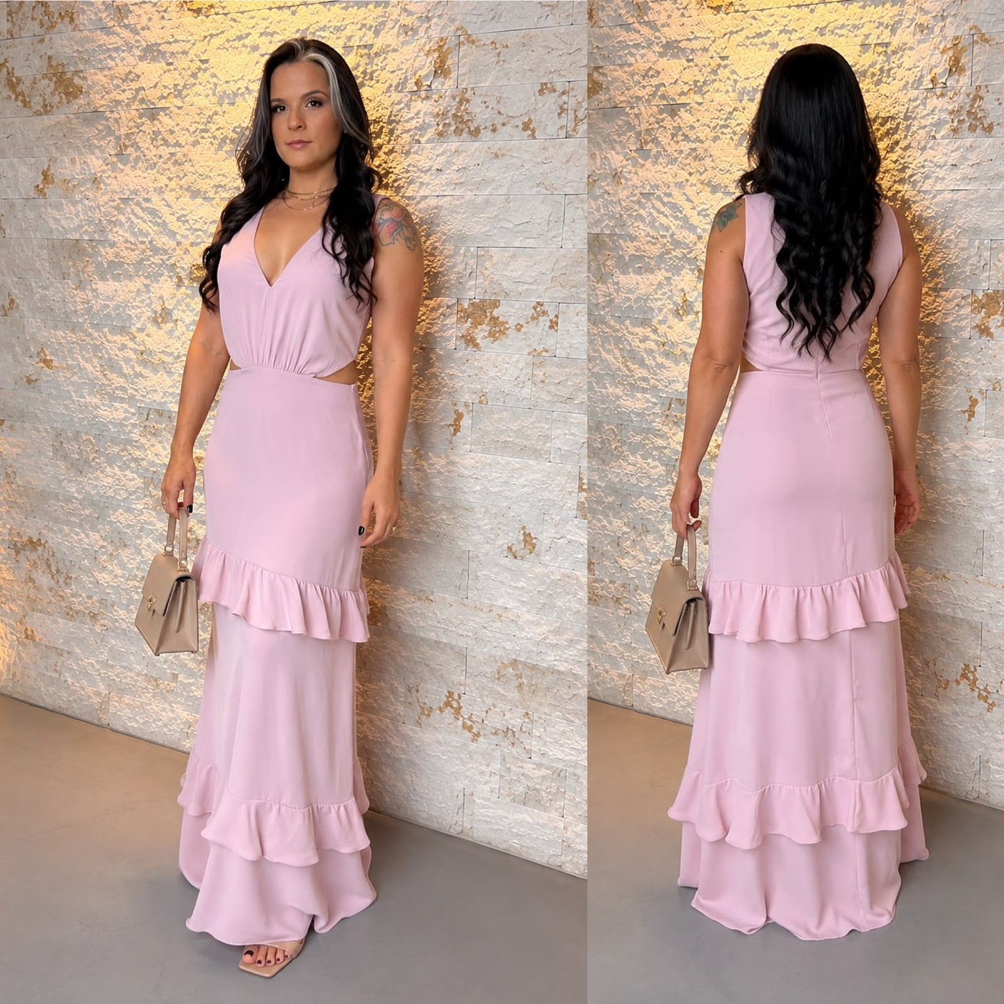 Vestido Longo Alça Babado VIDI- Rosa 5791