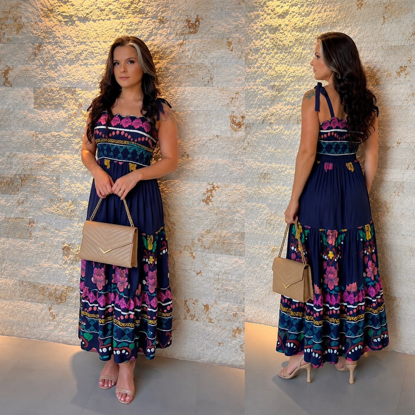 Vestido Midi Lastex Amarração Ombro PIS- Estampado 6001