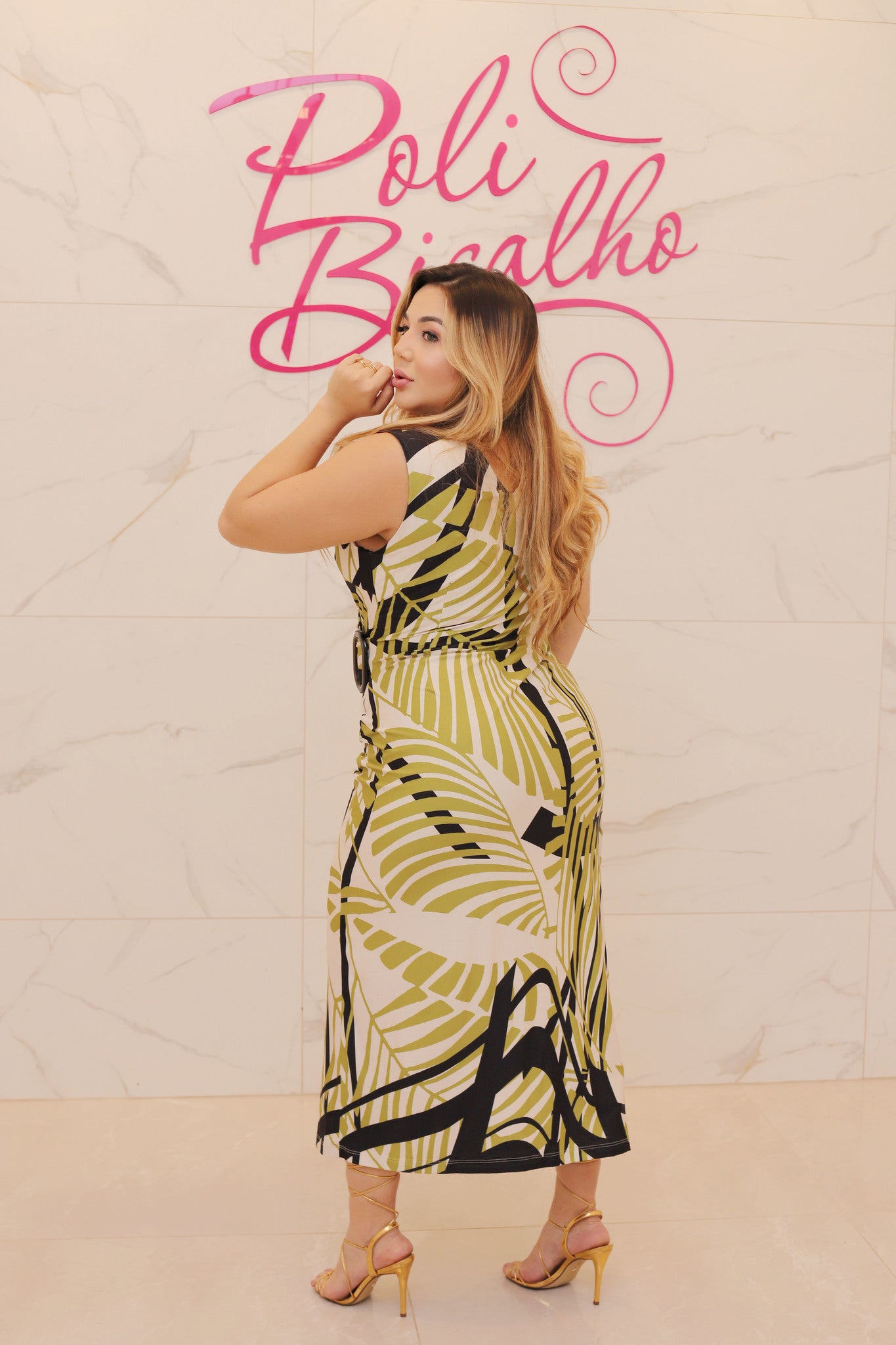 Longuete Buckle Jersey Waist Dress - Leaf Green Print