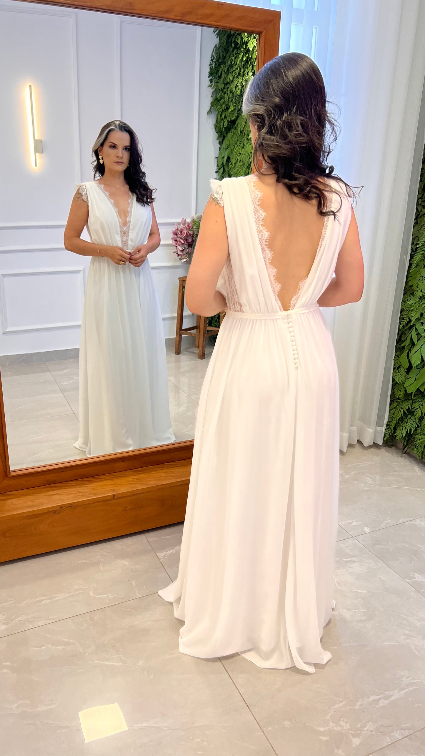 Vestido Longo Renda Babado - Off/ Branco