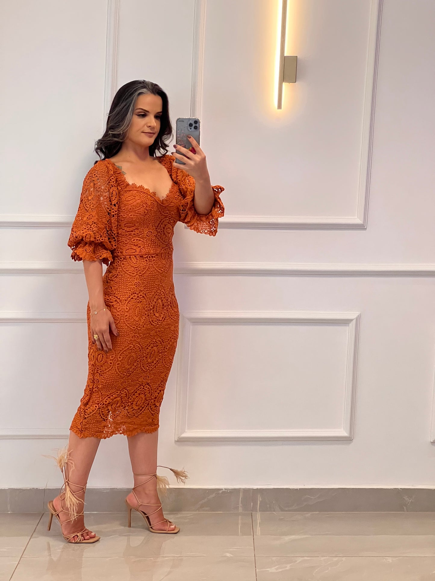 Vestido Midi Manga Guipir - Terracota