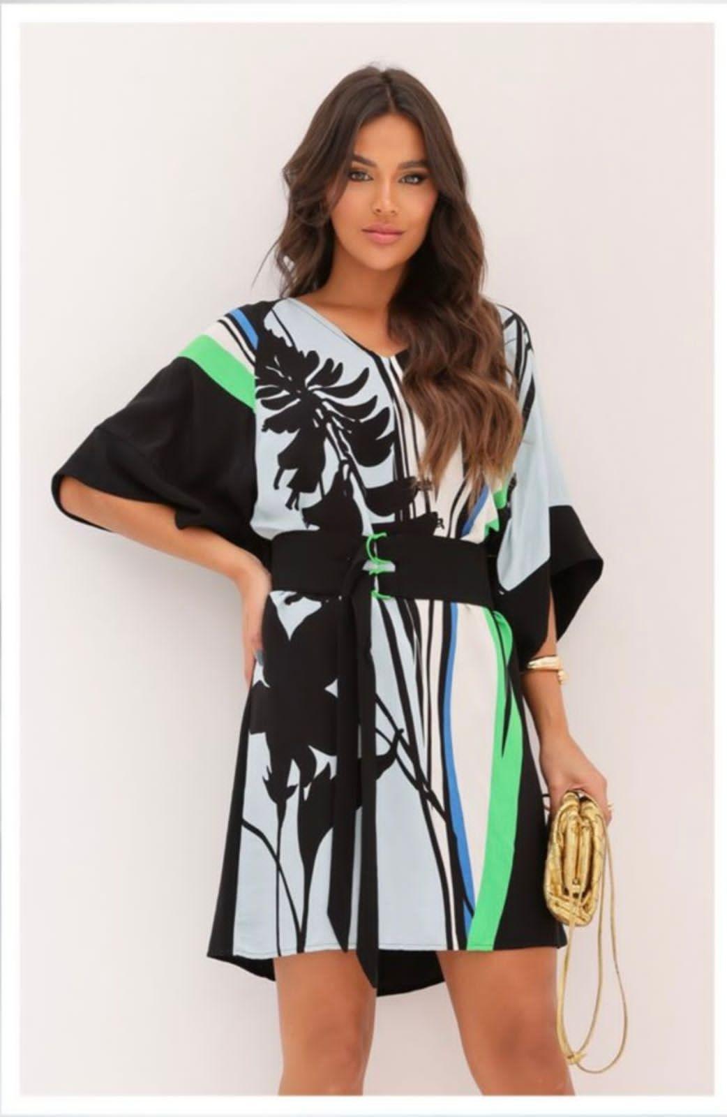 Vestido Curto Cinto Folhagem - Estampado