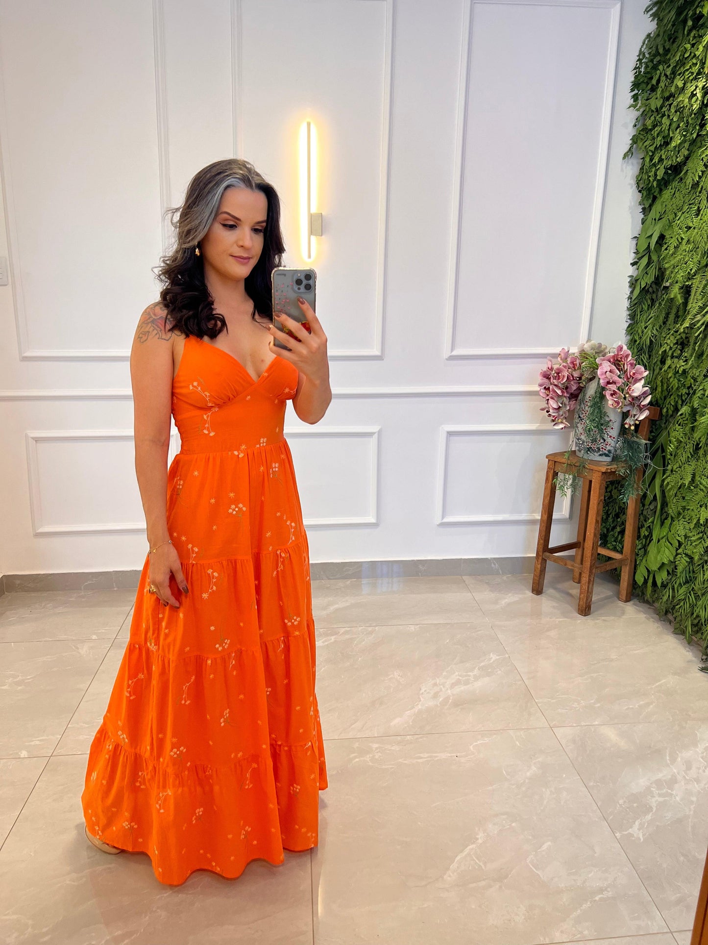 Vestido Longo Bordado Florzinhas - Laranja