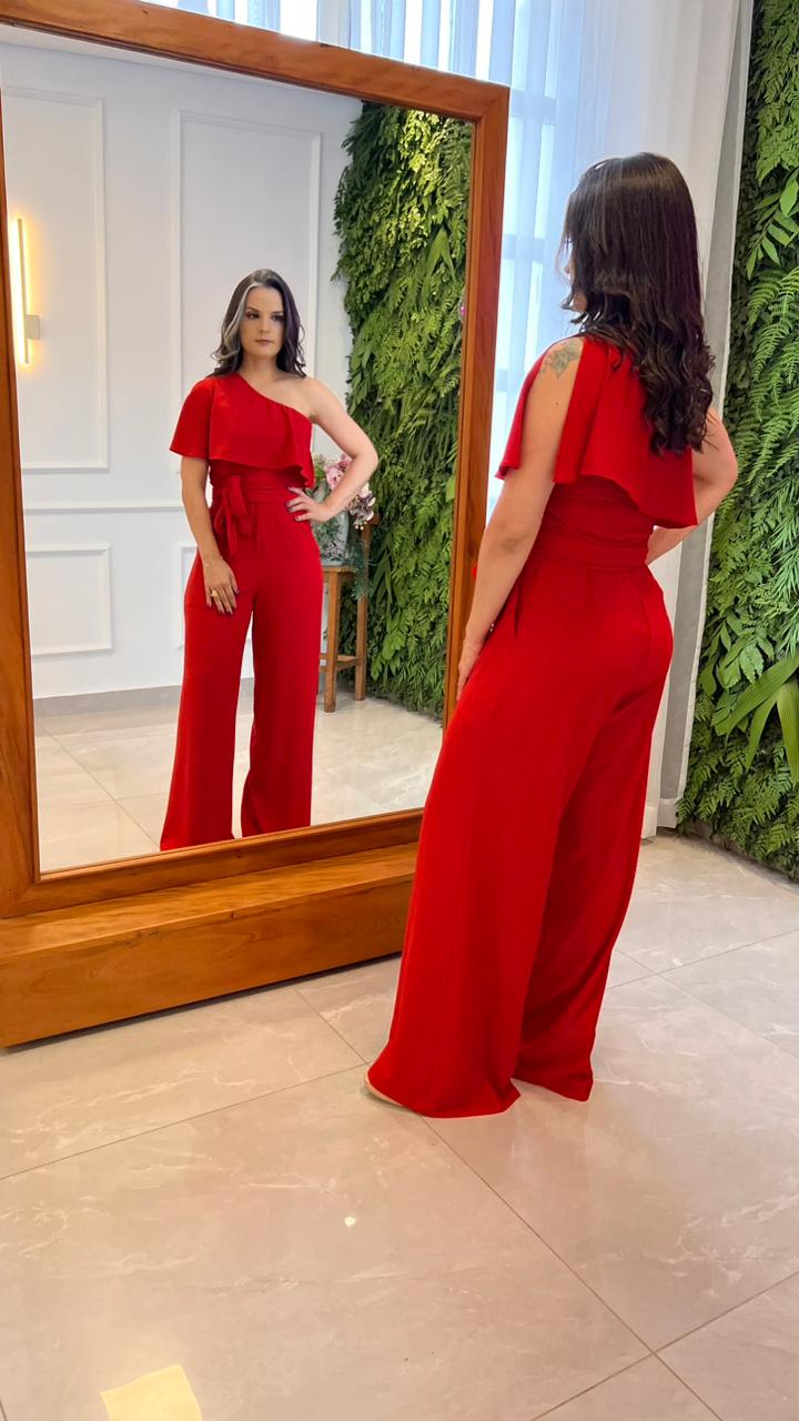 Macacão Ombro Só Babado - Vermelho