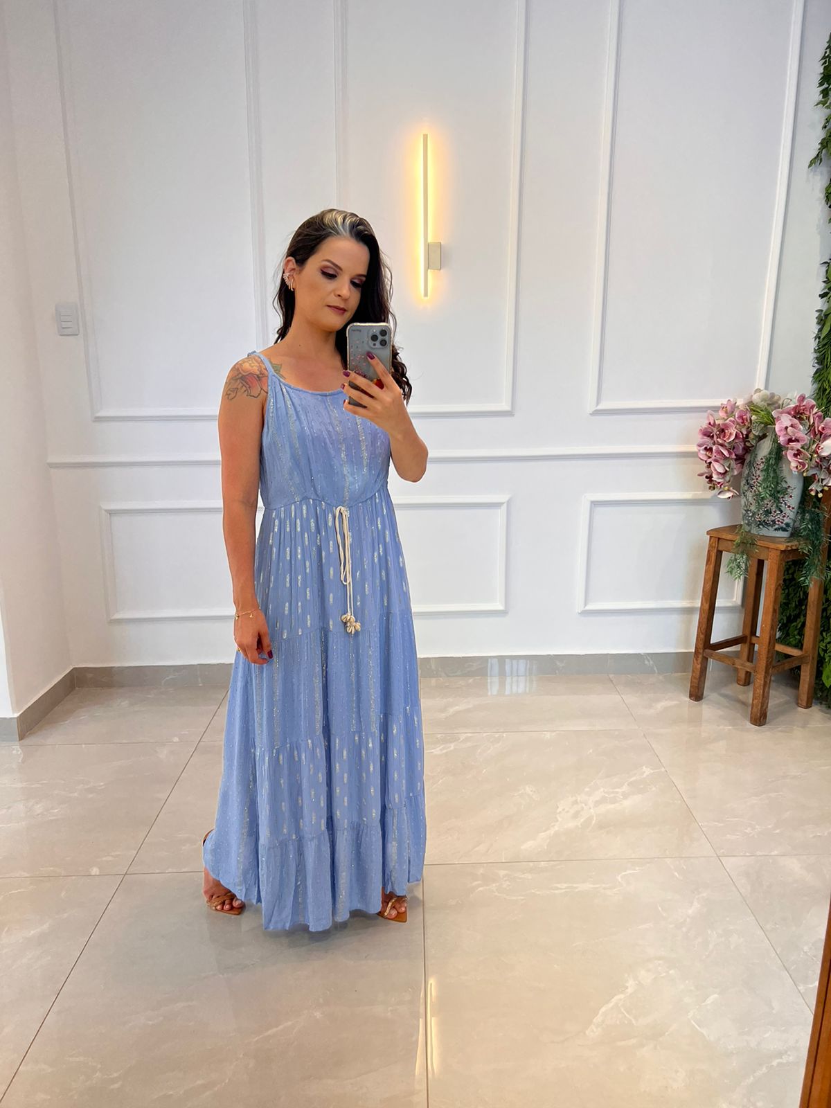 Vestido Largo Desirre Shines Conchas - Azul