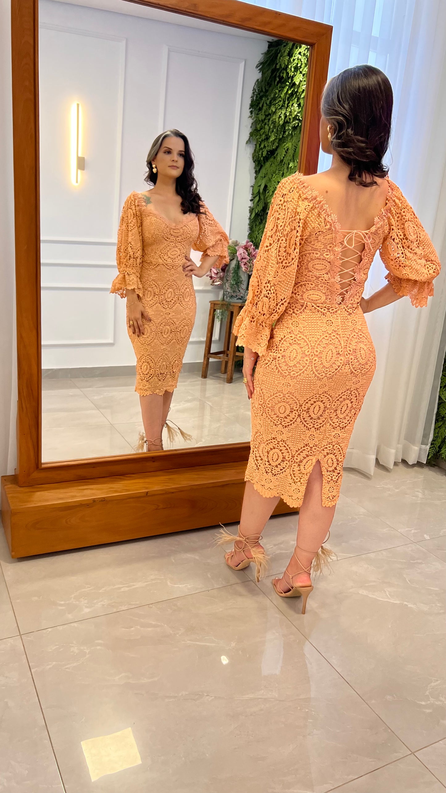 Vestido Midi Manga Guipir - Rose