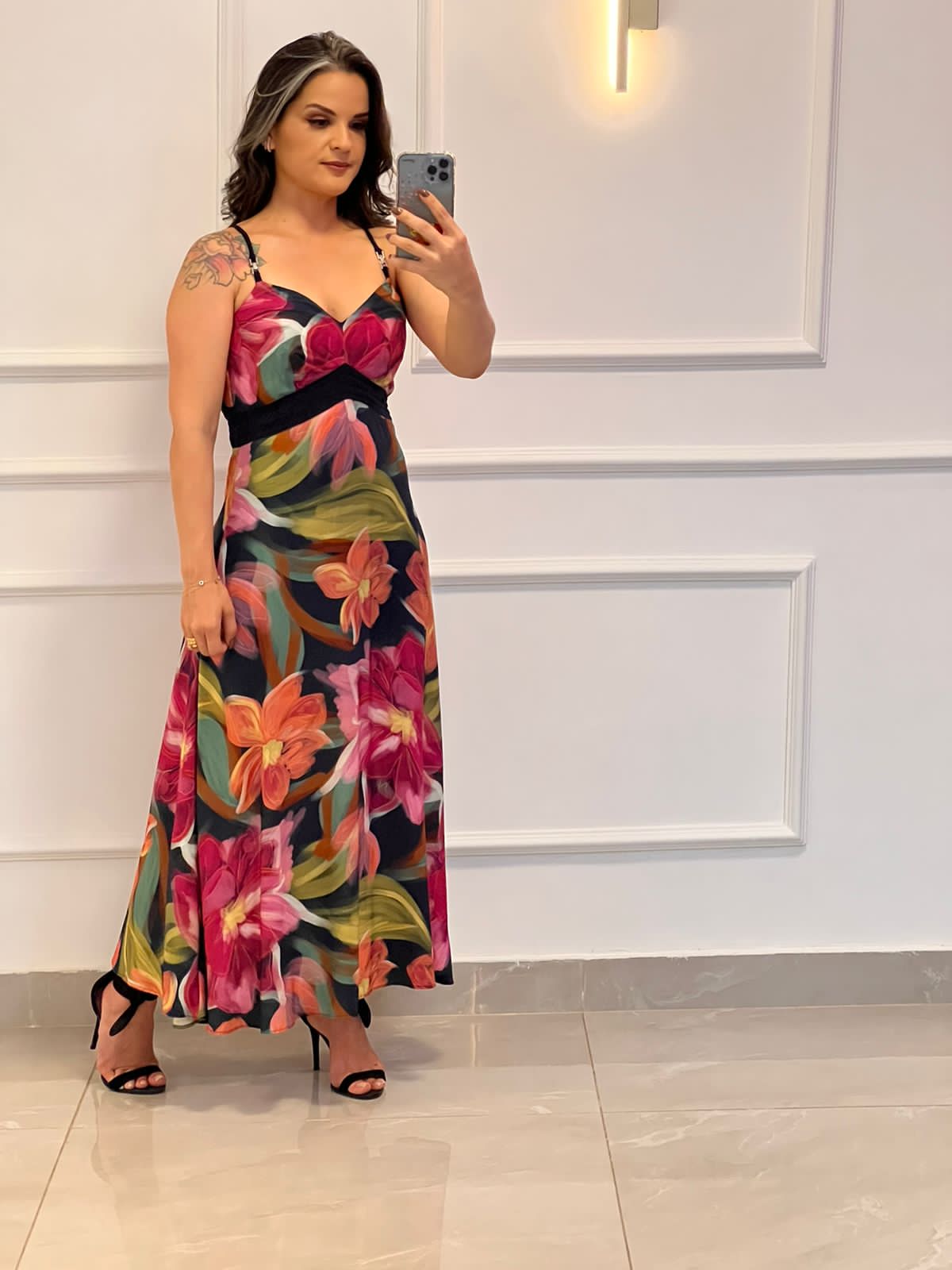 Vestido Midi Alça Fivela Stras - Estampado
