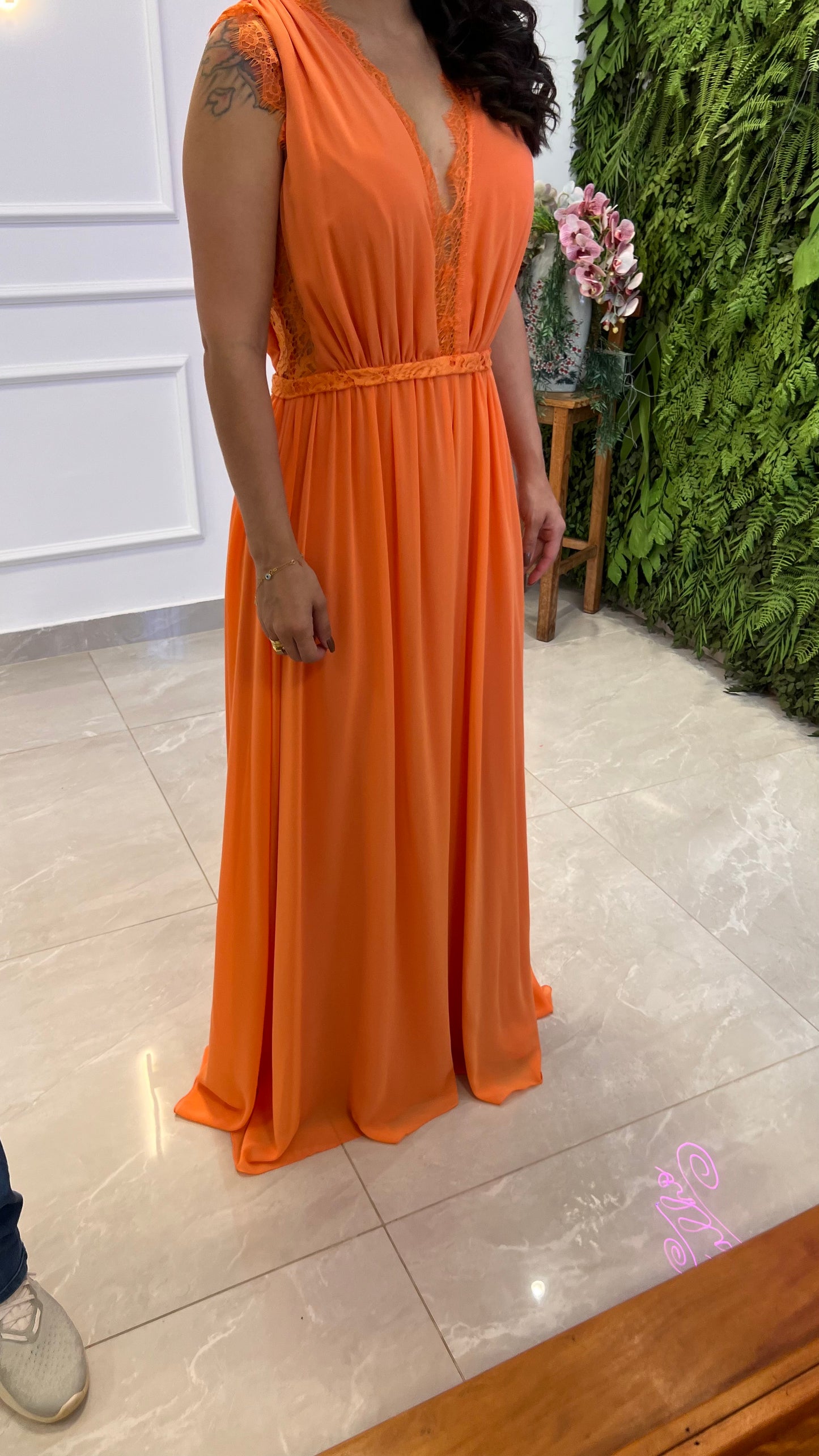 Vestido Longo Renda Babado - Laranja