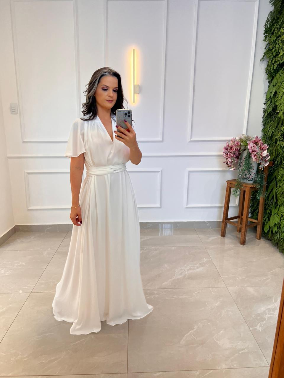 Vestido Longo Conf Tamanho Único Manguinha- Branco/ Off White