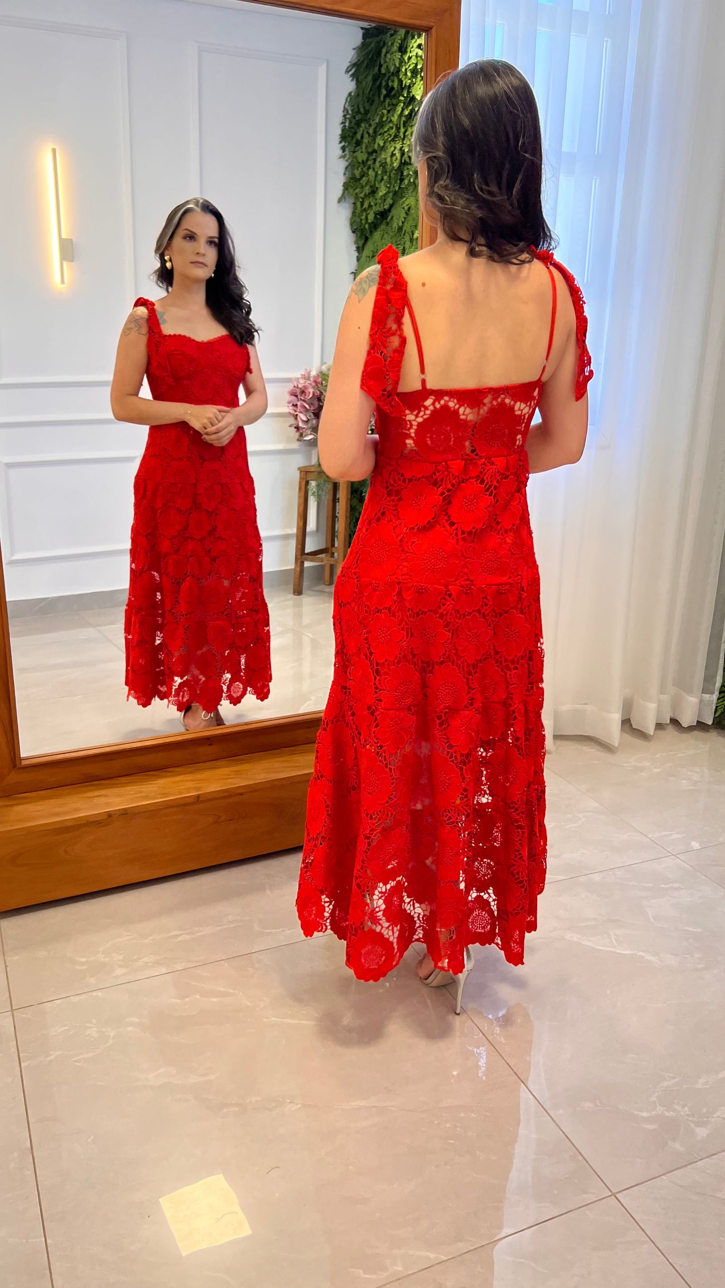 Vestido Midi Alça Amarração Guipir- Vermelho