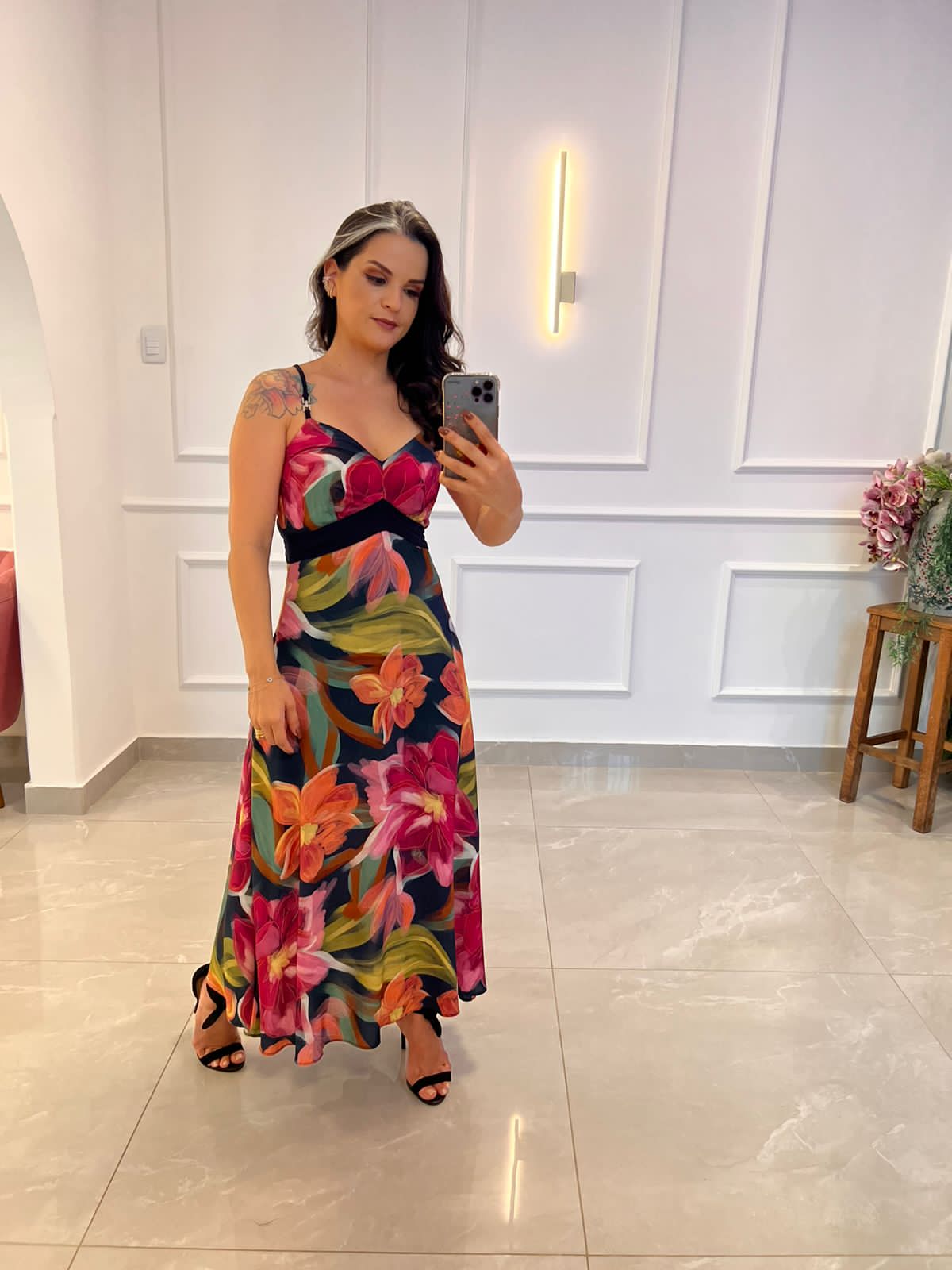 Vestido Midi Alça Fivela Stras - Estampado