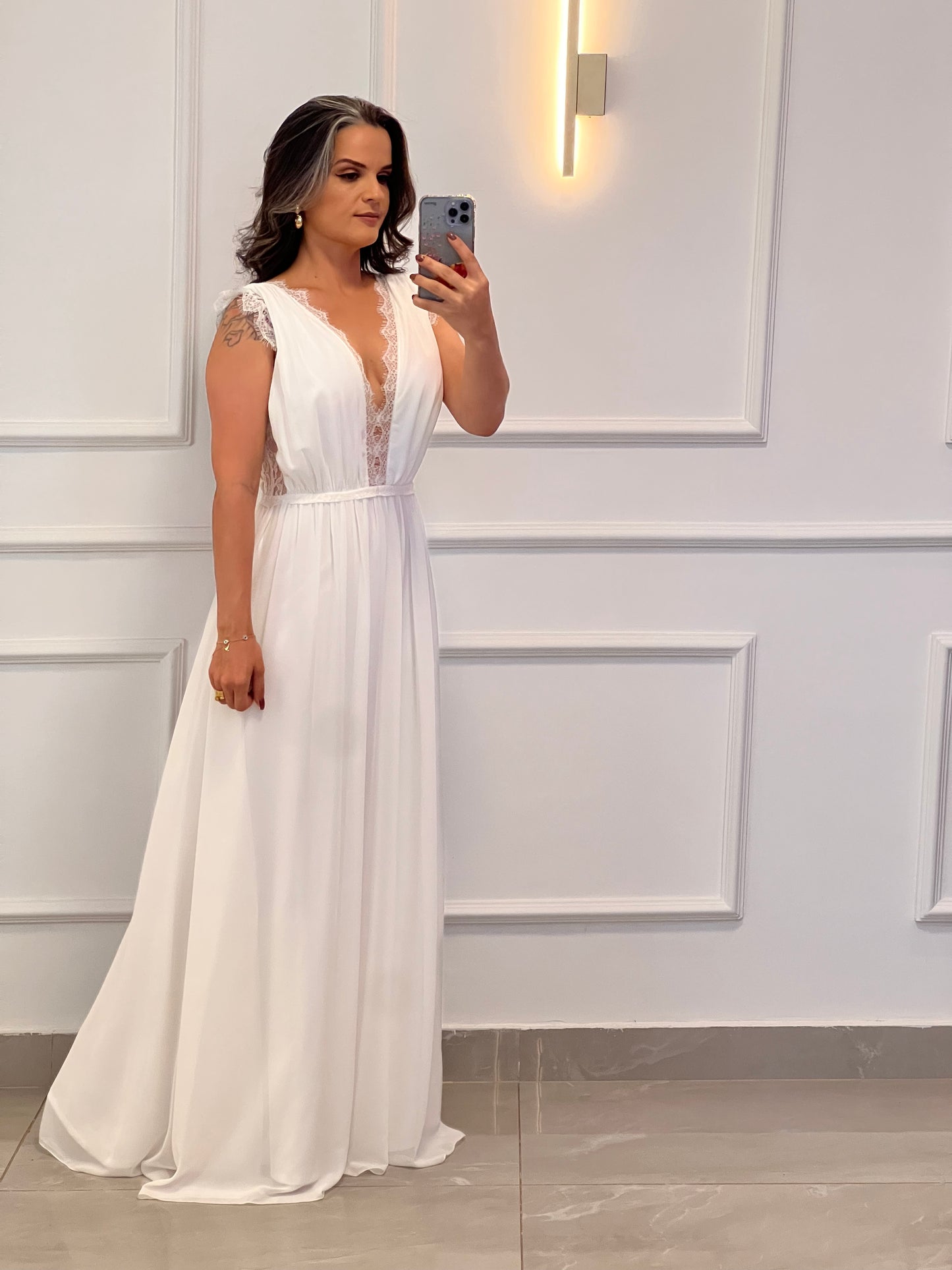 Vestido Longo Renda Babado - Off/ Branco