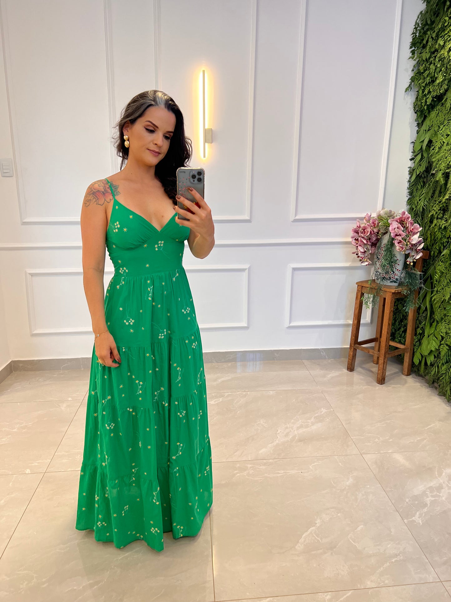 Vestido Longo Bordado Florzinhas - Verde