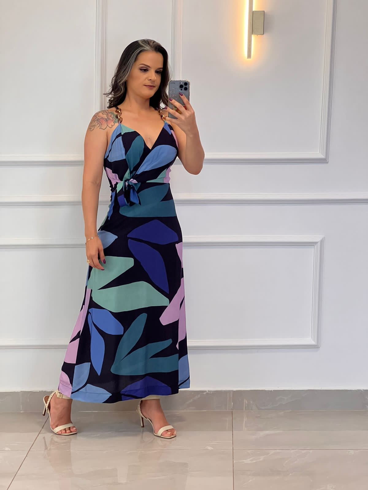 Vestido Midi Alça Três Elos - Estampado Azul