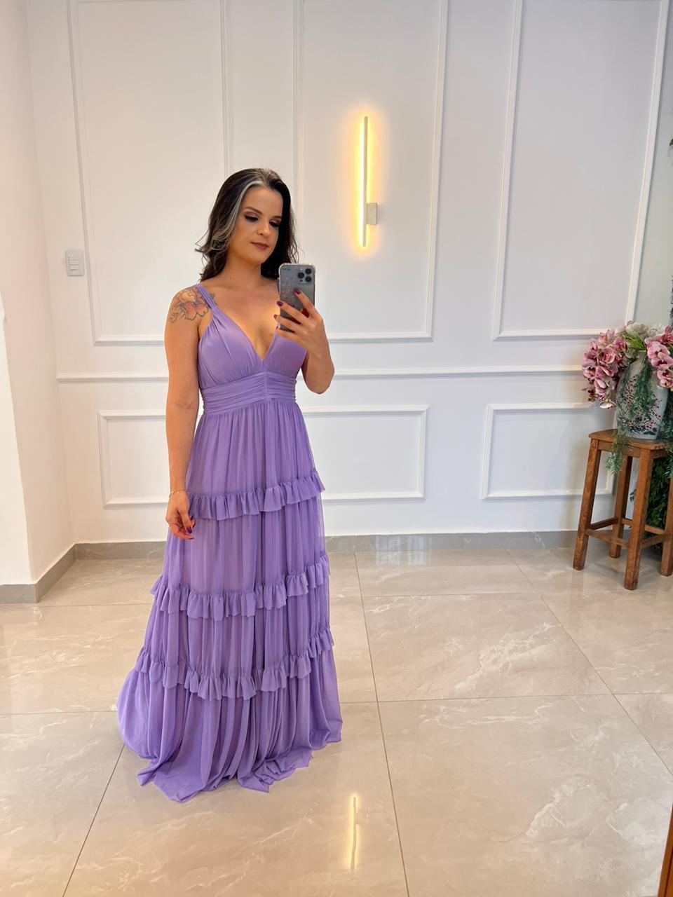 Vestido Longo Alça Fina Babado Tule - Lilas