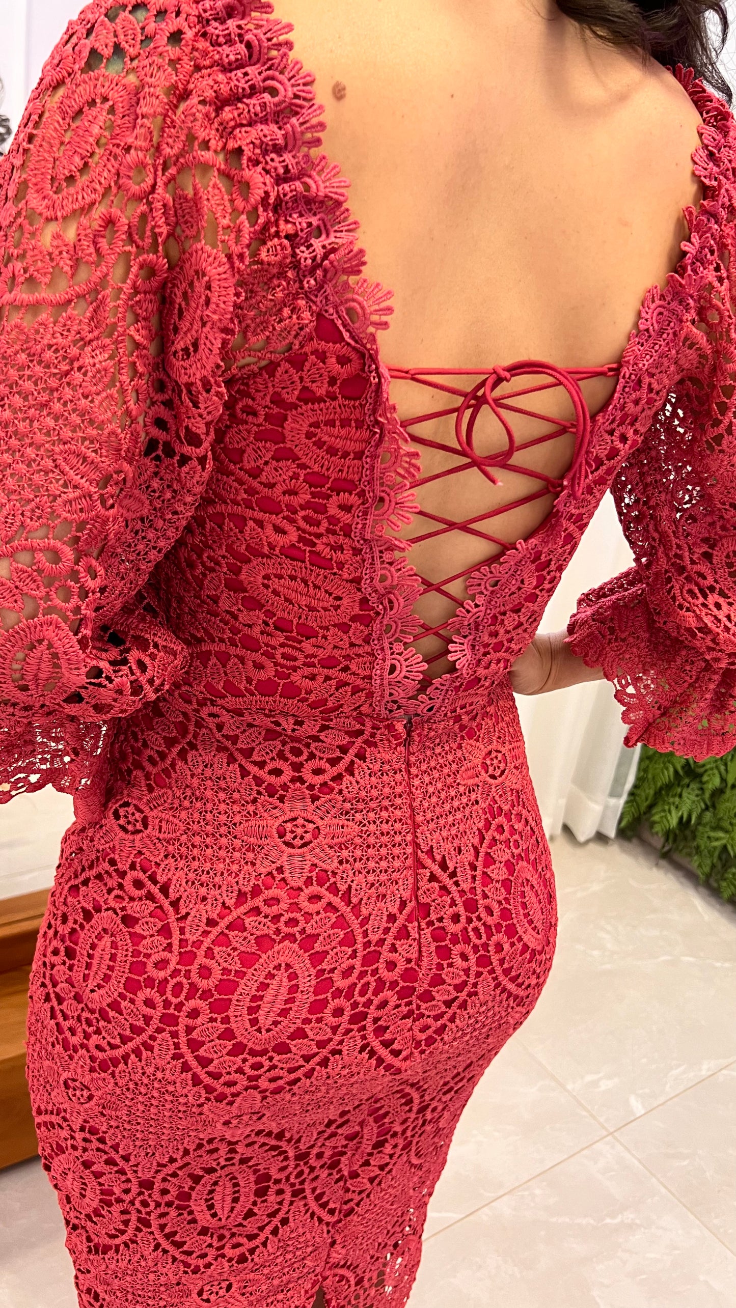 Vestido Midi Manga Guipir - Magenta