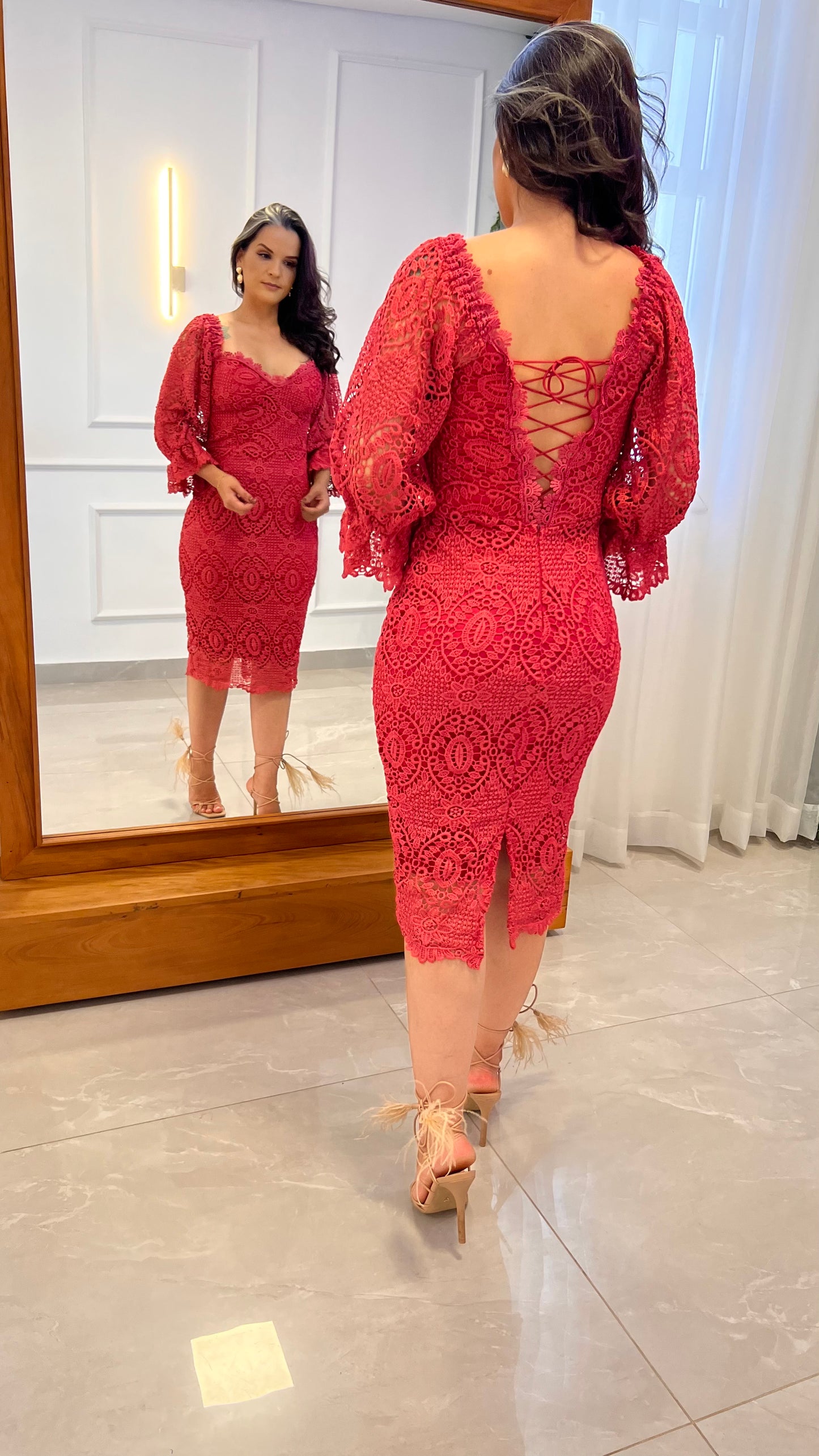 Vestido Midi Manga Guipir - Magenta