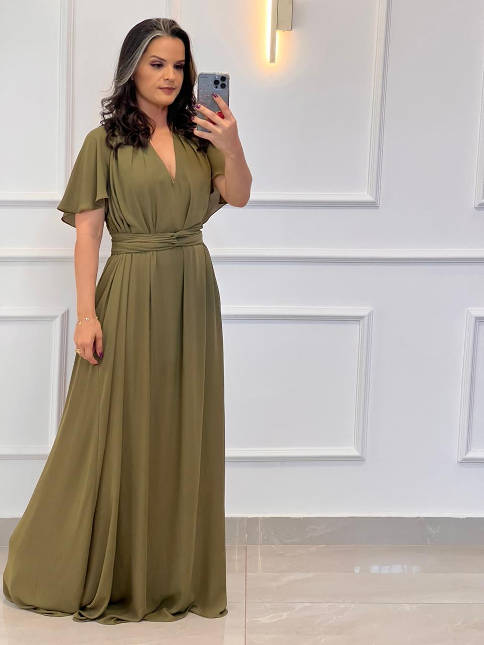 Vestido Longo Conf Tamanho Único Manguinha- Verde Oliva