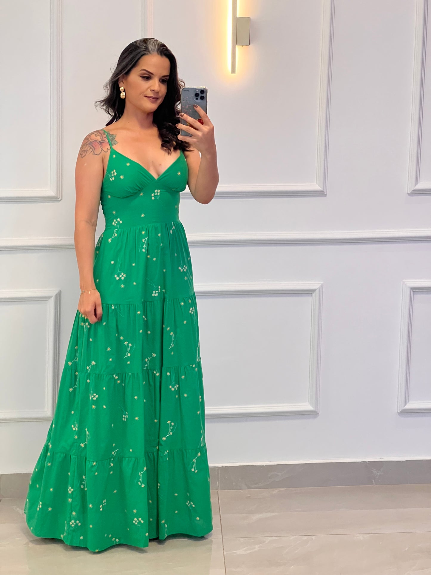 Vestido Longo Bordado Florzinhas - Verde