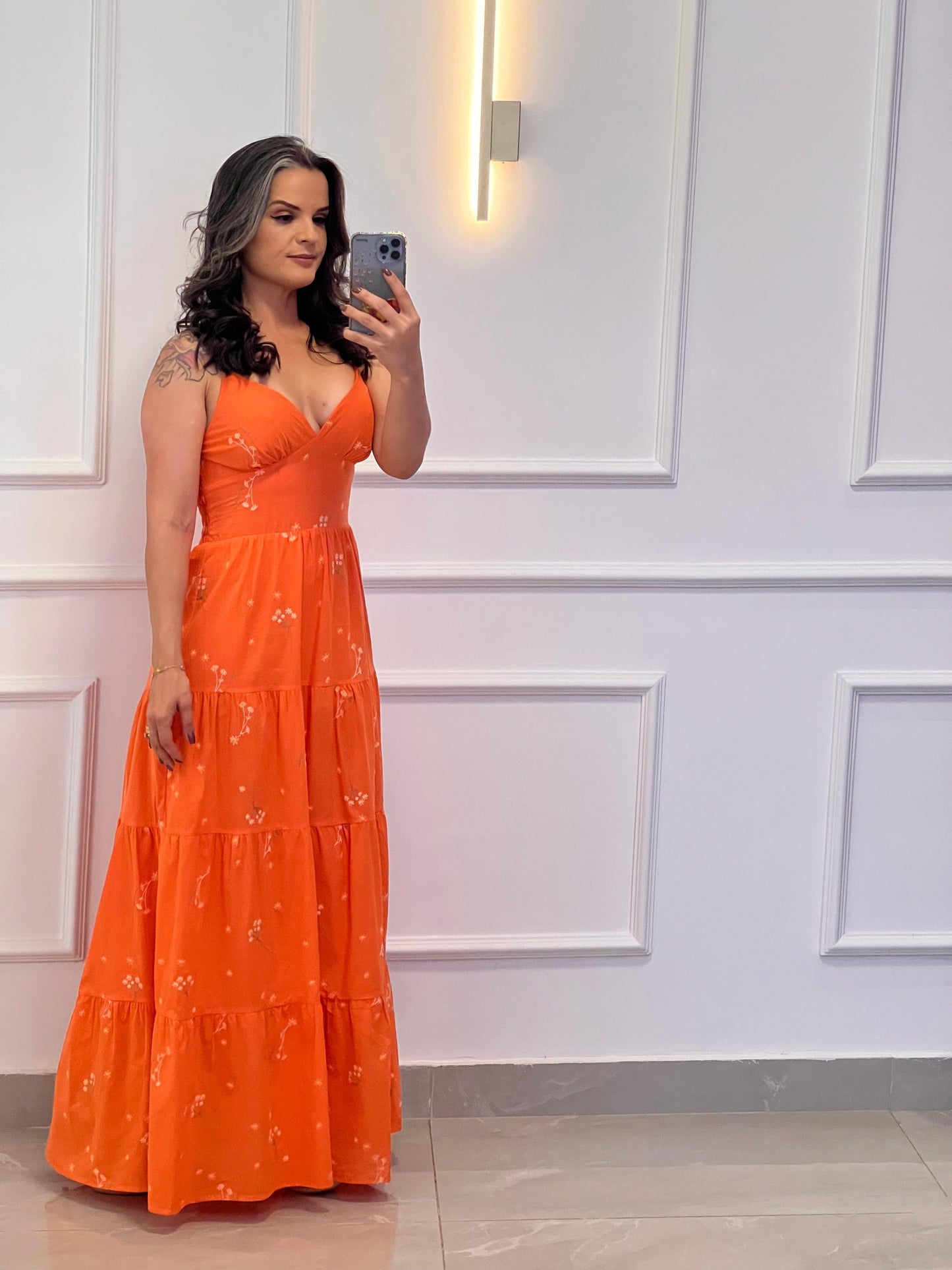 Vestido Longo Bordado Florzinhas - Laranja