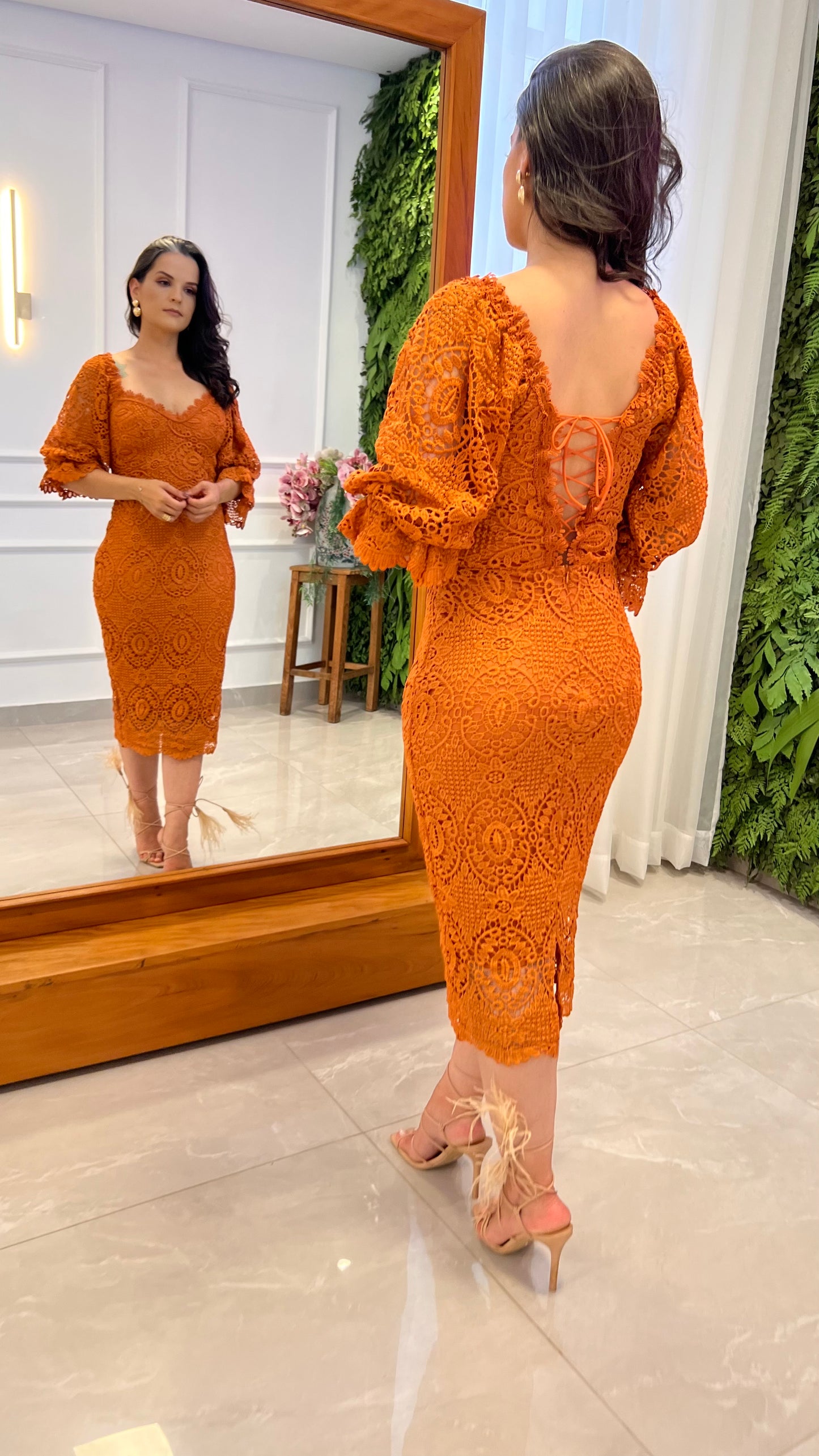 Vestido Midi Manga Guipir - Terracota