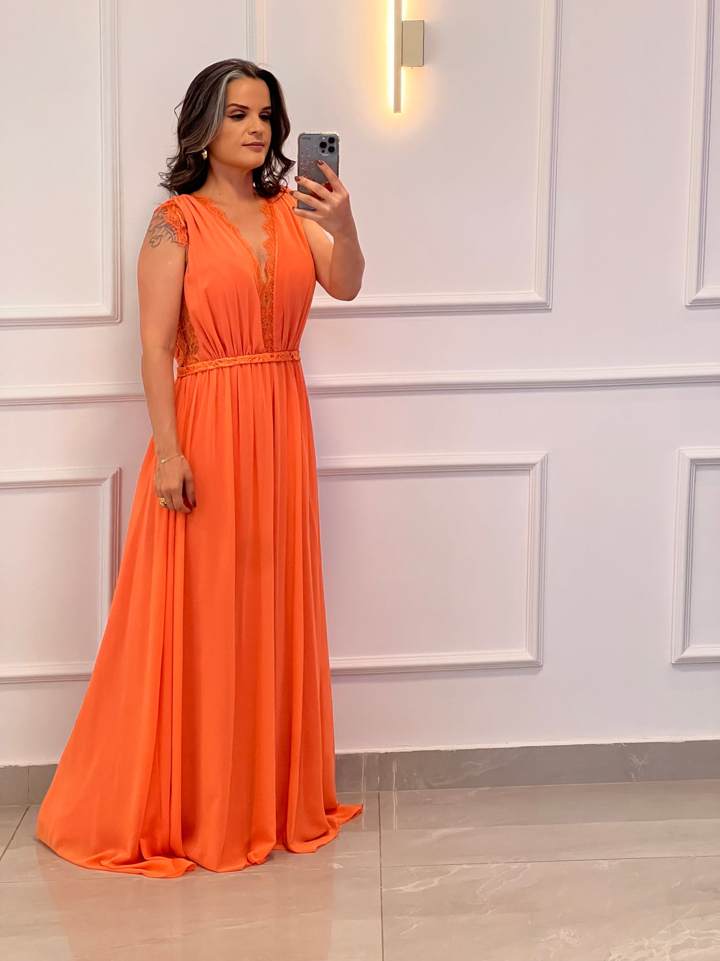 Vestido Longo Renda Babado - Laranja