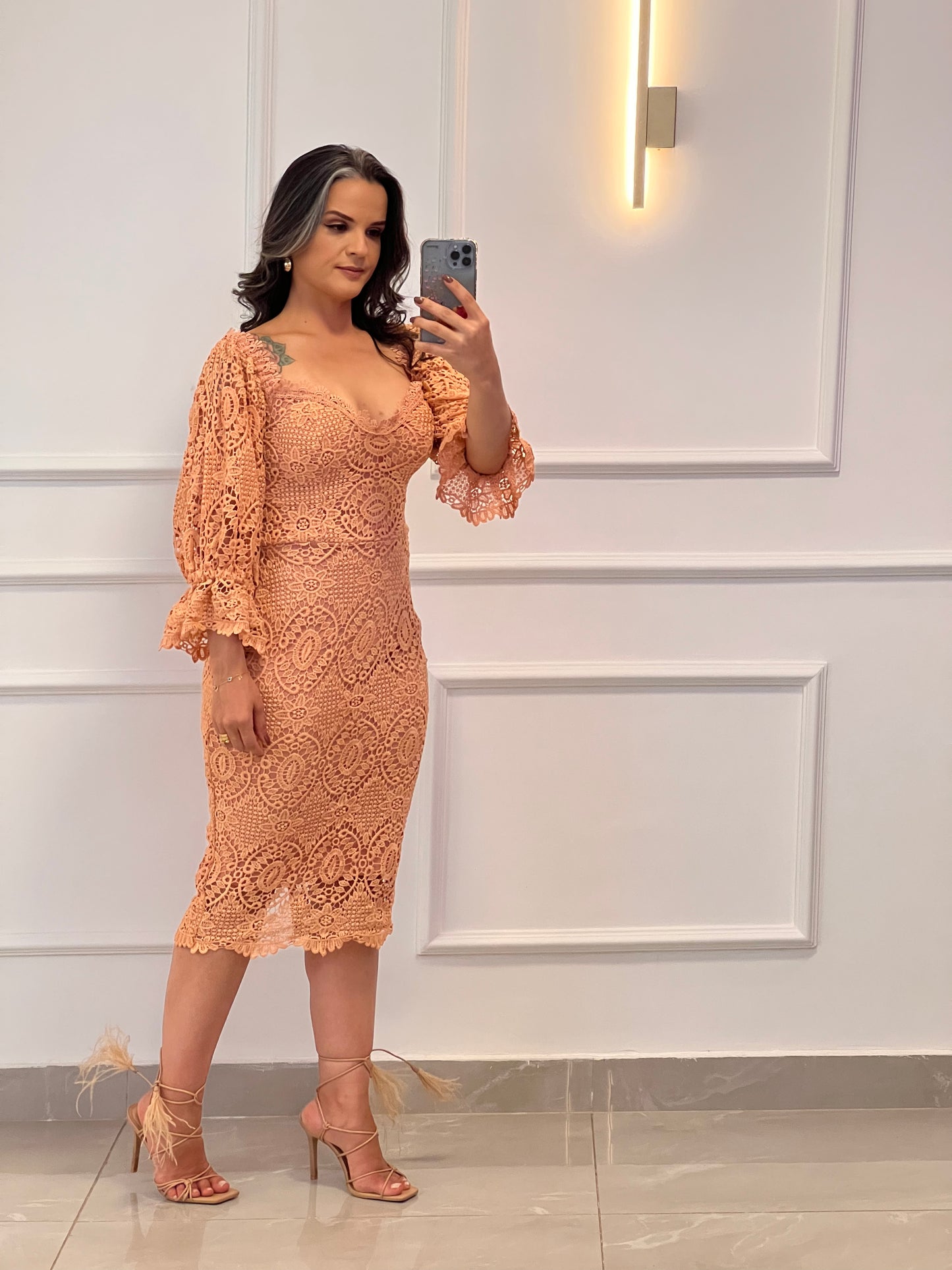 Vestido Midi Manga Guipir - Rose