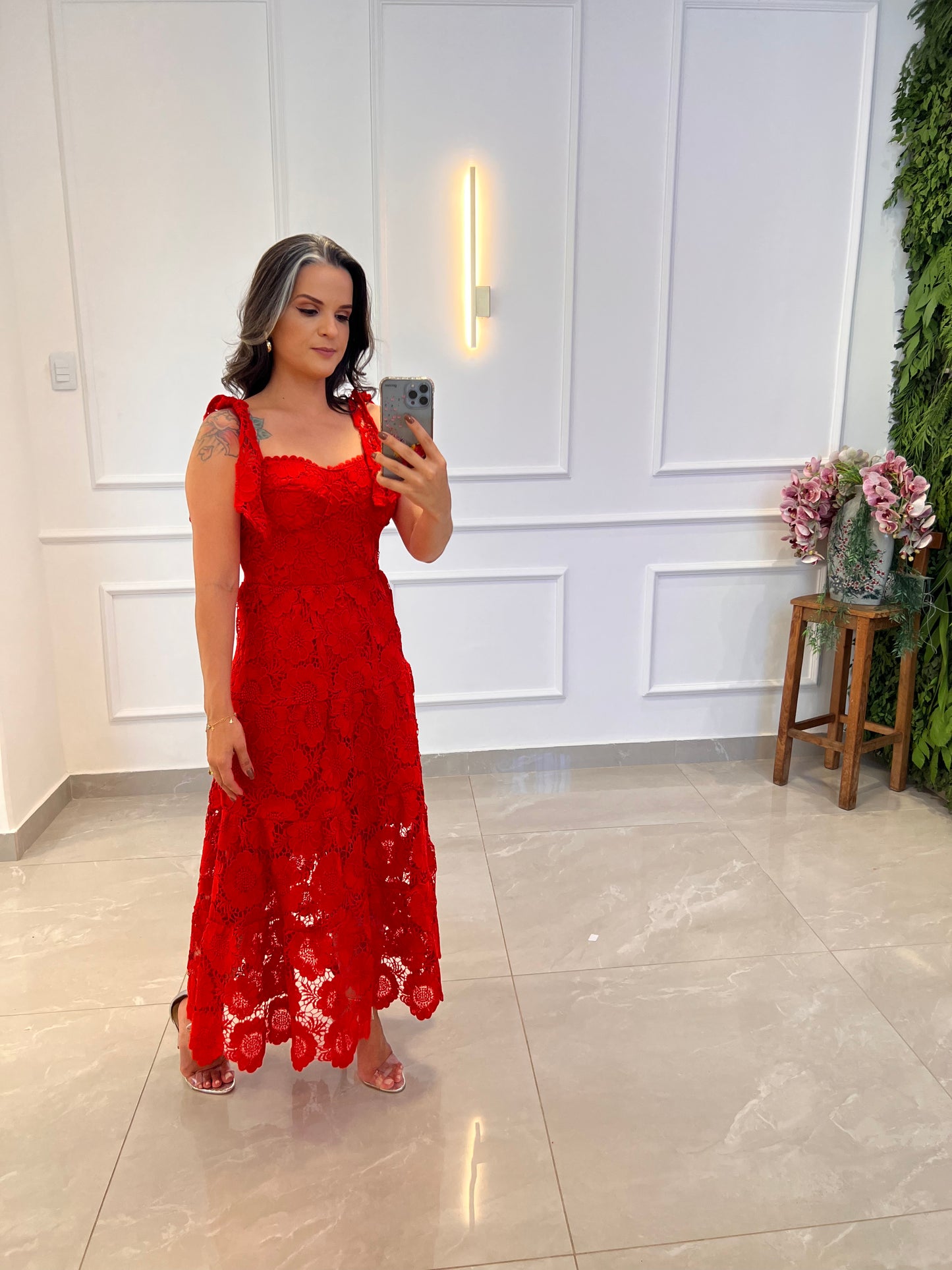 Vestido Midi Alça Amarração Guipir- Vermelho