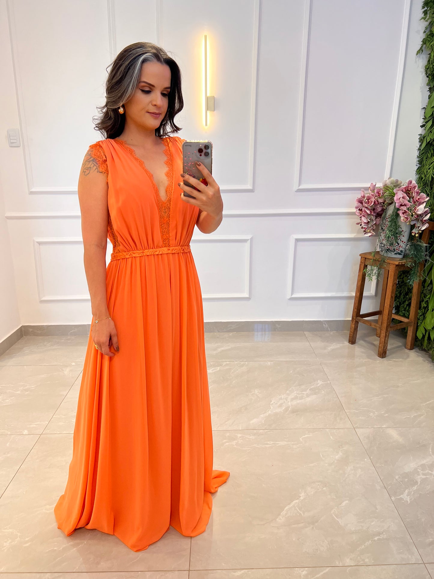 Vestido Longo Renda Babado - Laranja
