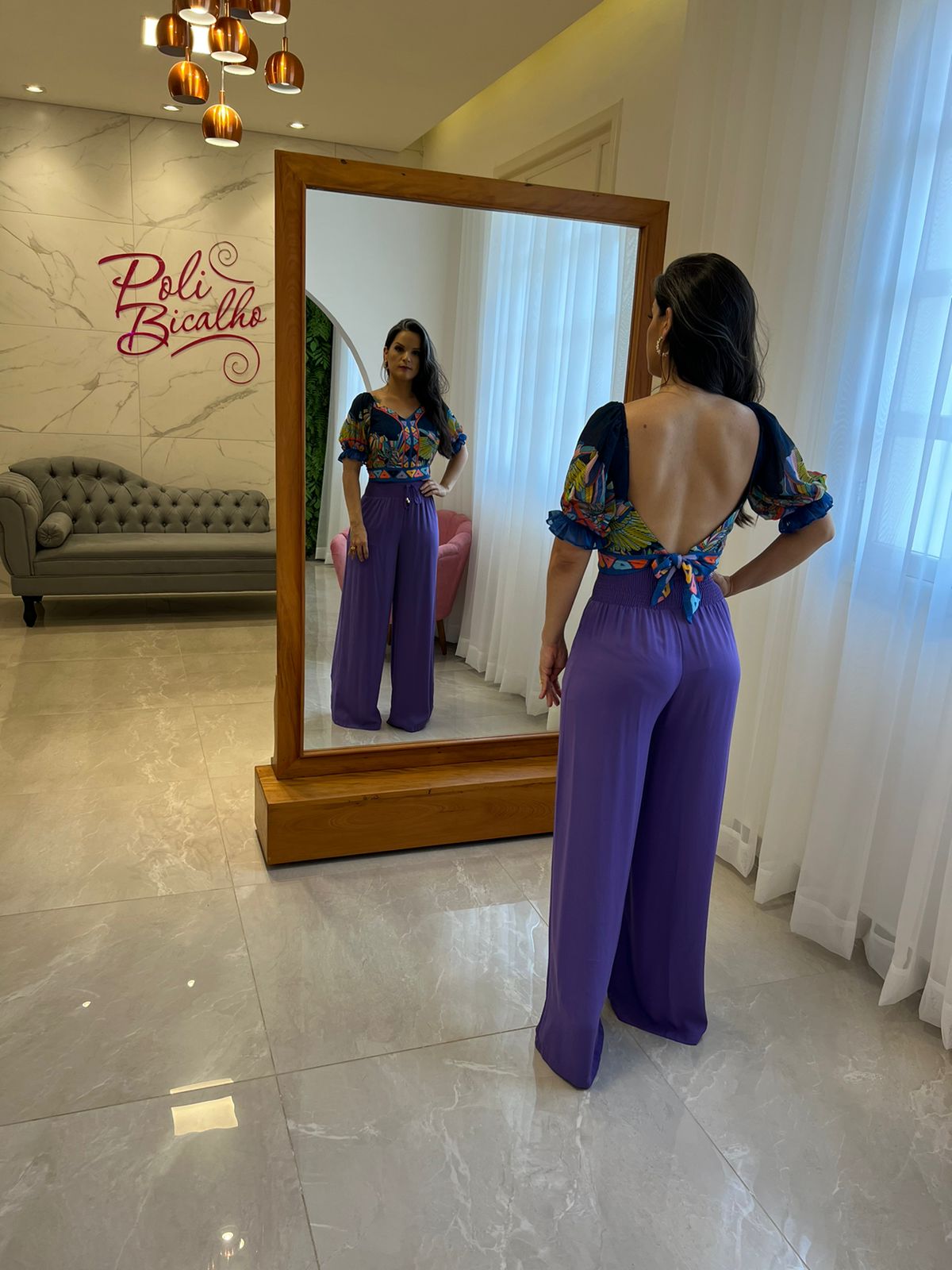 Calça Pantalona Crepe Pala em Lastex - Roxo