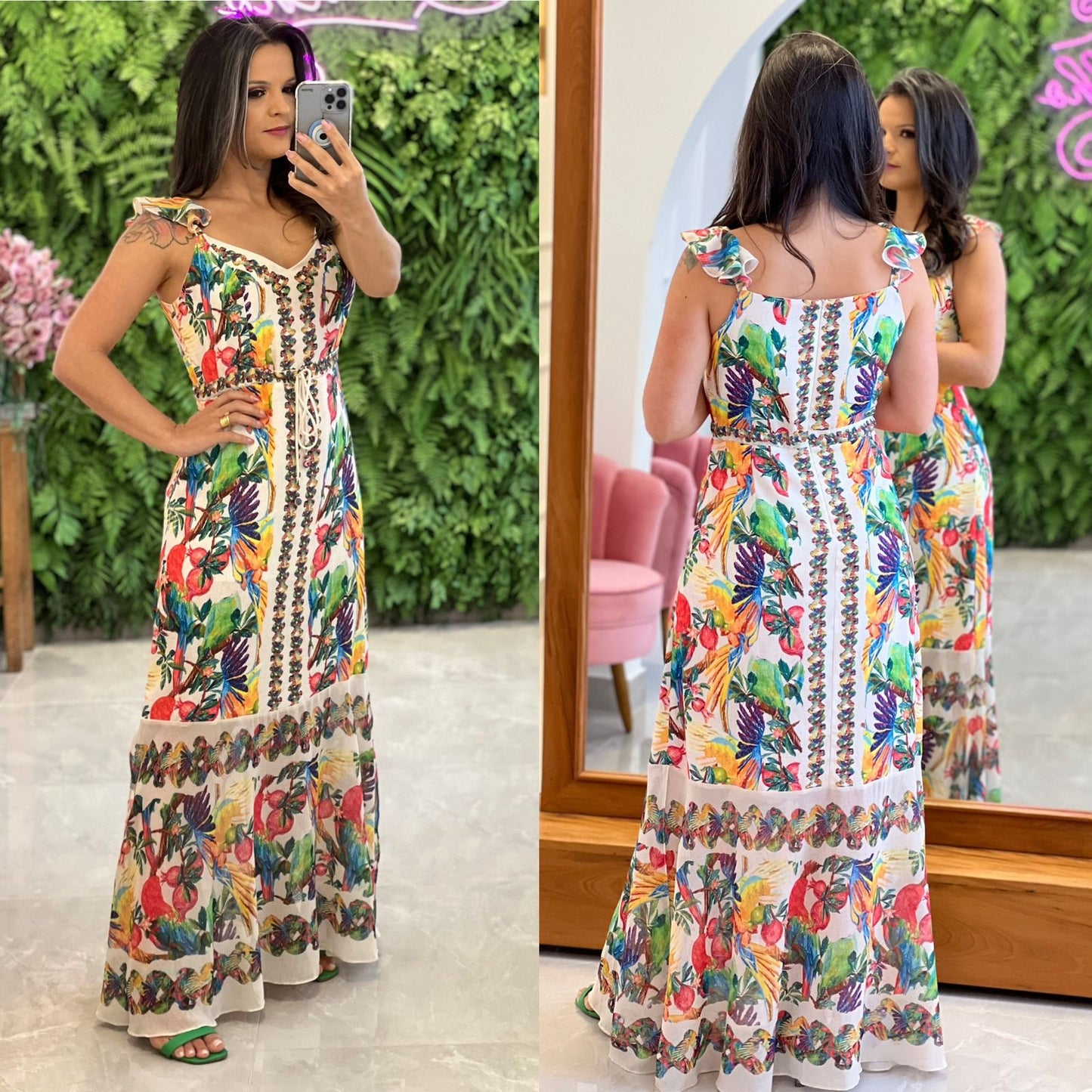 Vestido largo de crepé con tirantes y volantes - Estampado