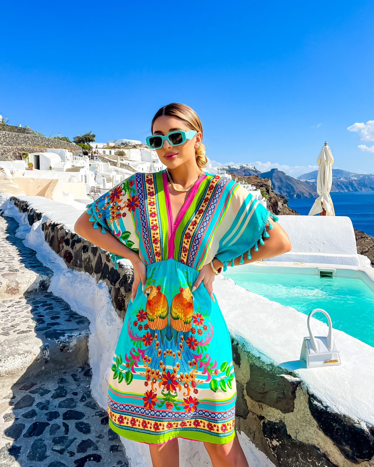 Pompom Sleeve Short Dress - Blue