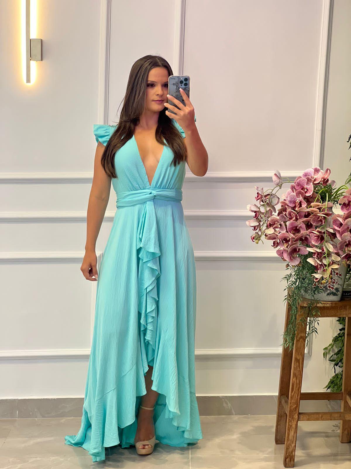 Vestido Largo Con Volantes Mullet - Azul Tiffany