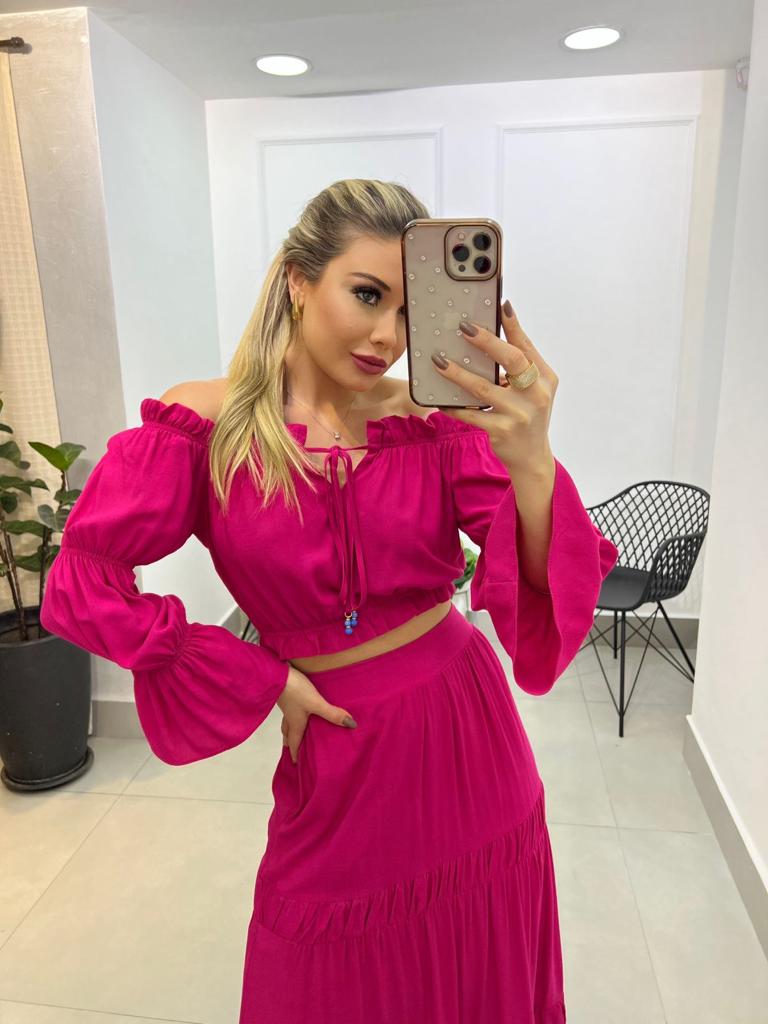 Conjunto Cropped Ombro a Ombro Saia - Pink