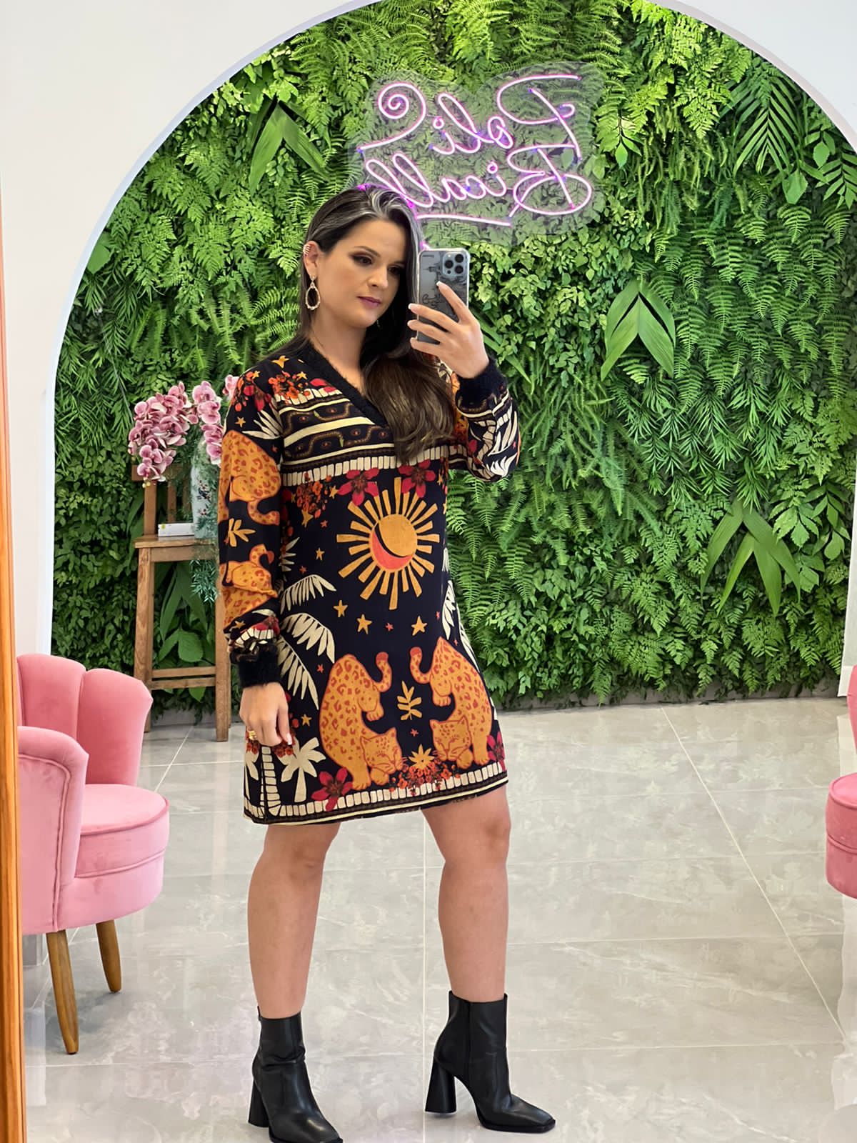 Ethnic Long Sleeve Short Dress - Printed