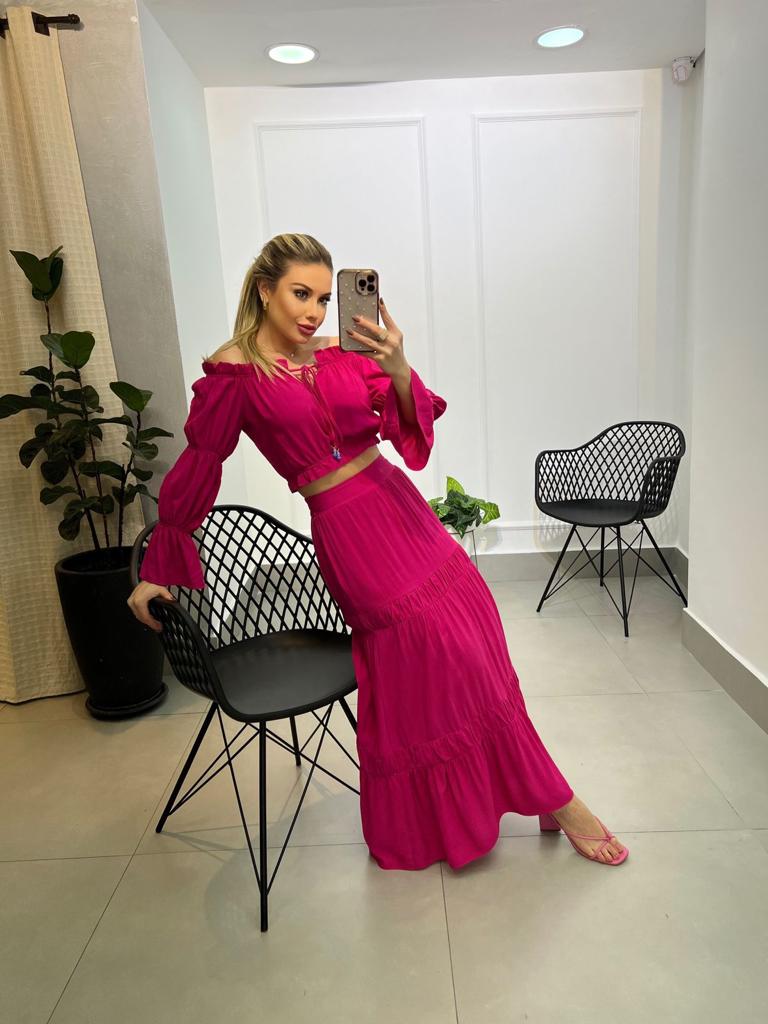 Conjunto Cropped Ombro a Ombro Saia - Pink