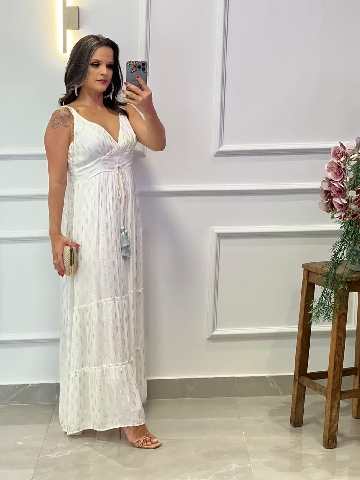 Desirre Vestido Largo Escote en V Pompón - Blanco