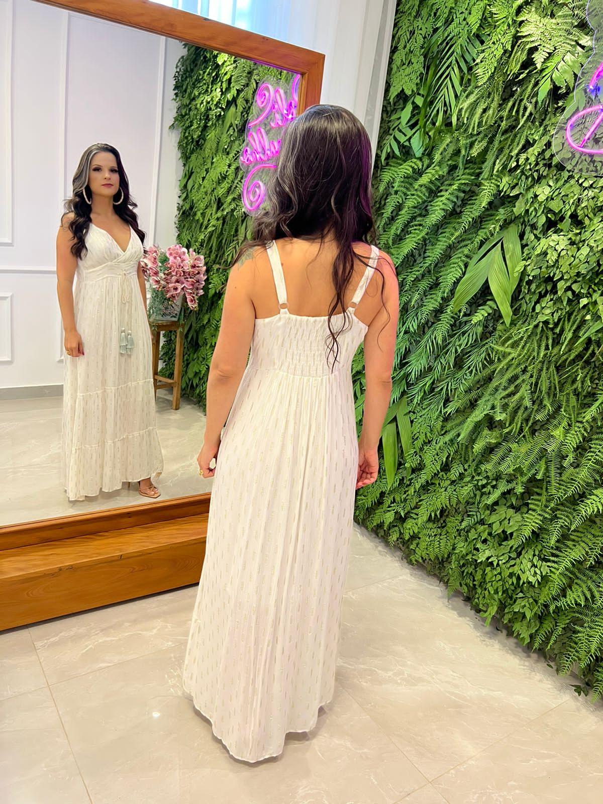 Desirre Vestido Largo Escote en V Pompón - Blanco
