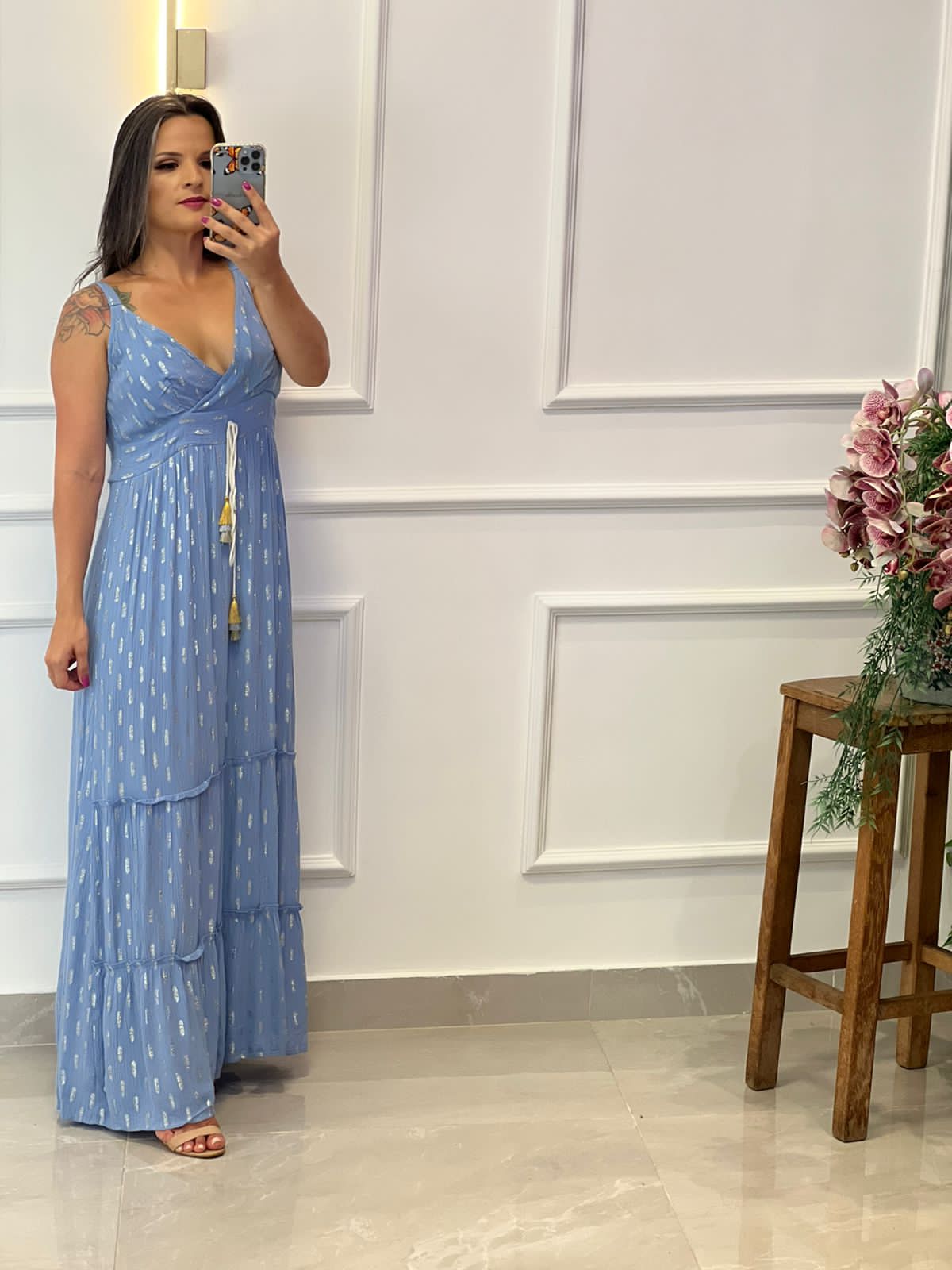 Long Dress Desirre V-neck PomPom - Blue