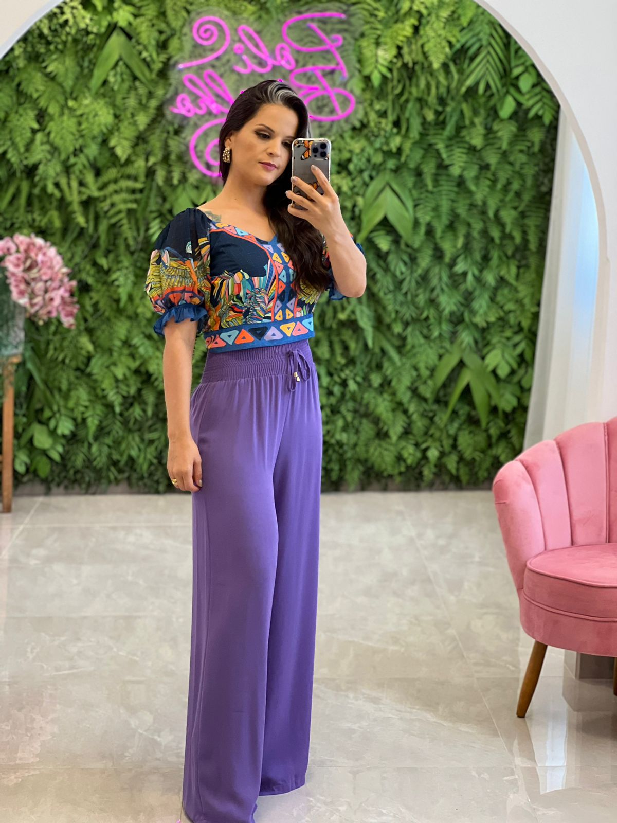 Calça Pantalona Crepe Pala em Lastex - Roxo