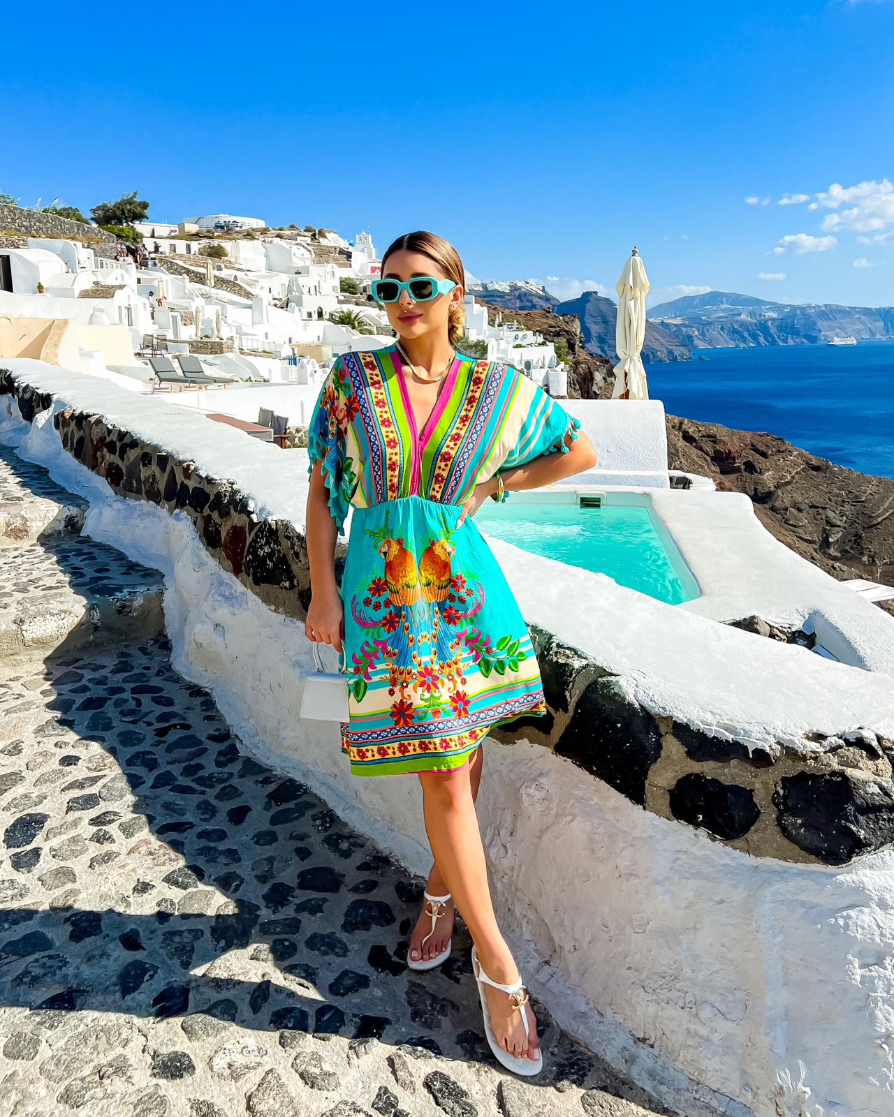 Pompom Sleeve Short Dress - Blue