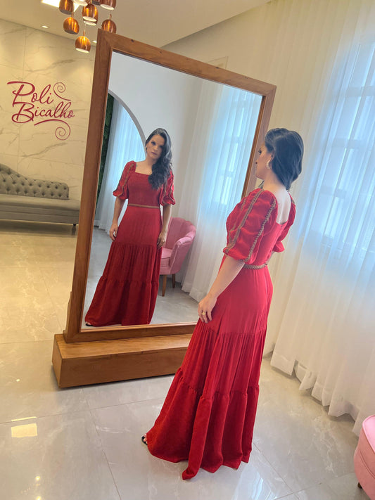 Long Dress Lastex Bust Sleeve Princess - Red