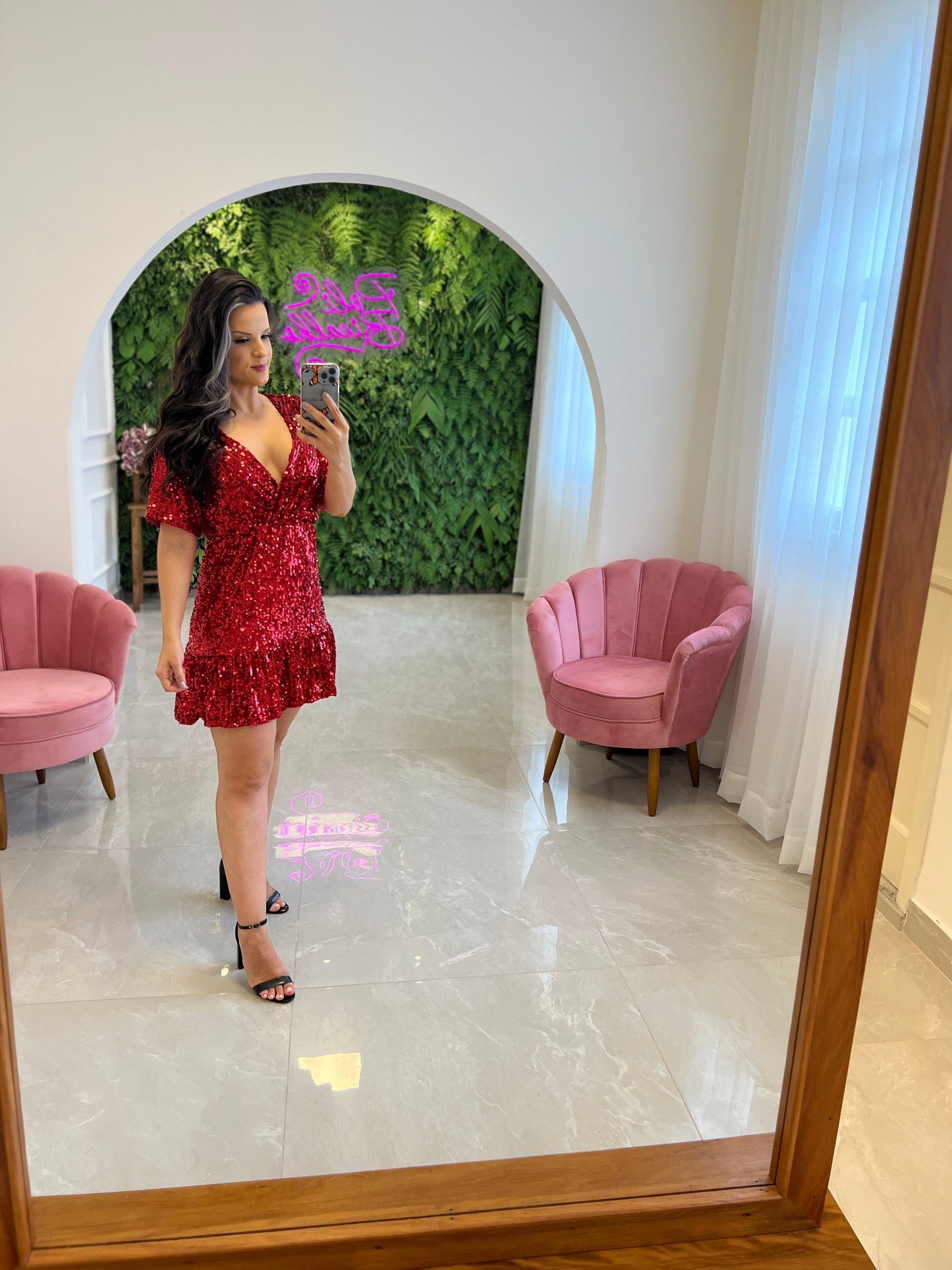 Vestido corto de lentejuelas redondas - Rojo