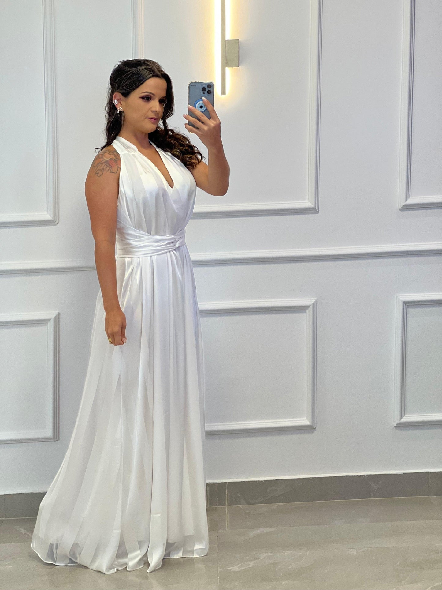 Vestido largo a rayas sin mangas de talla única - Blanco