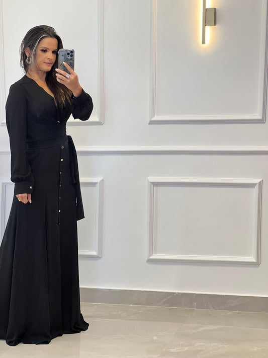 Chemisse Longa Amarração na Cintura - Liso Preto 4056