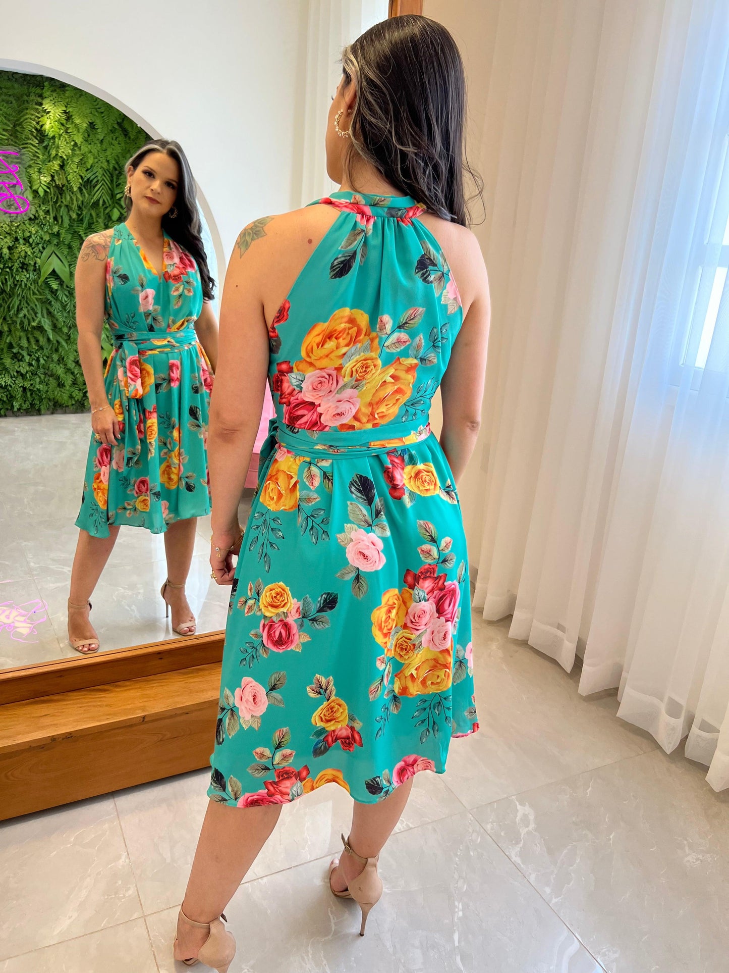 Vestido Midi Rosas Talla Única - Azul