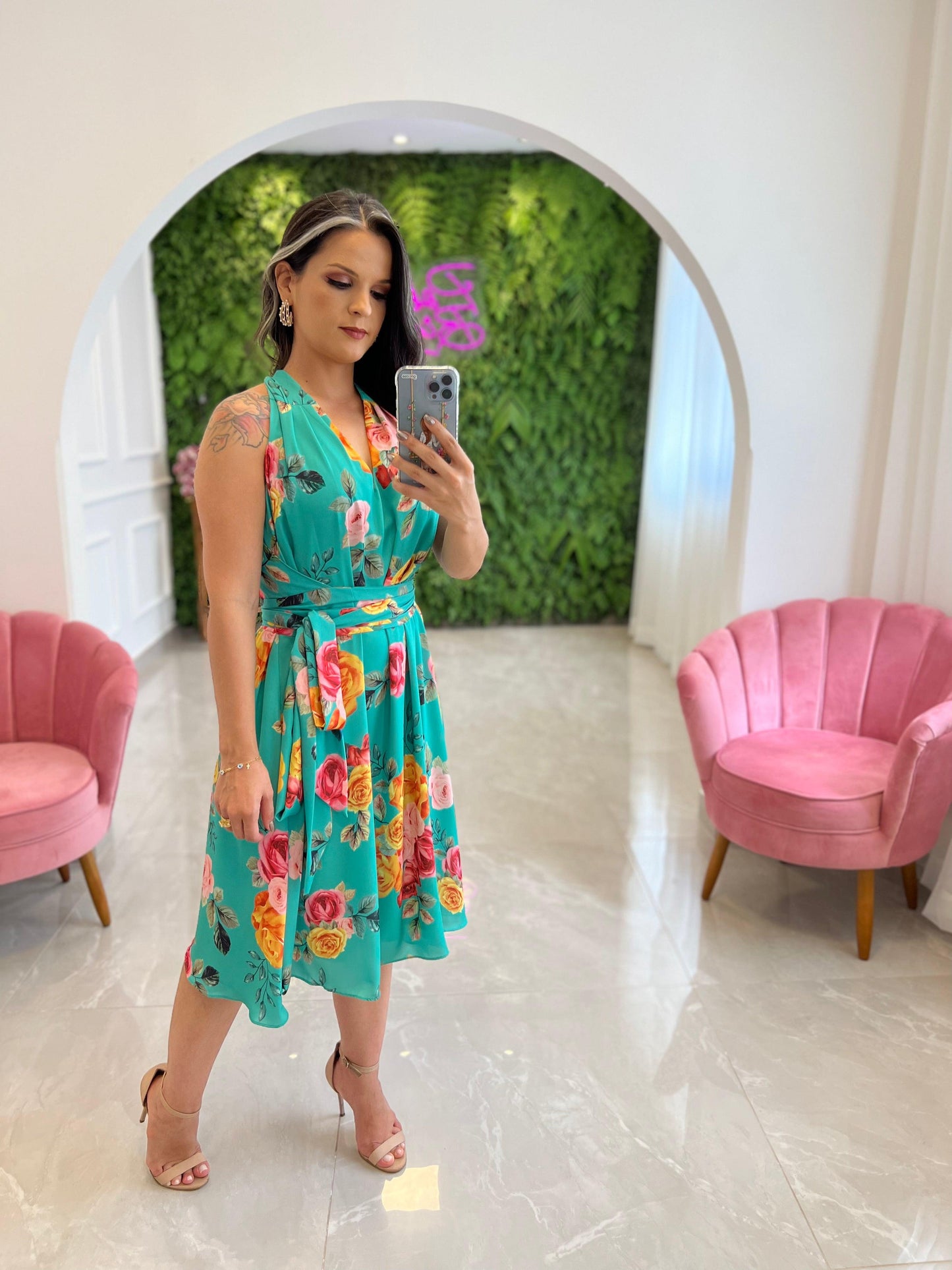 Vestido Midi Rosas Talla Única - Azul